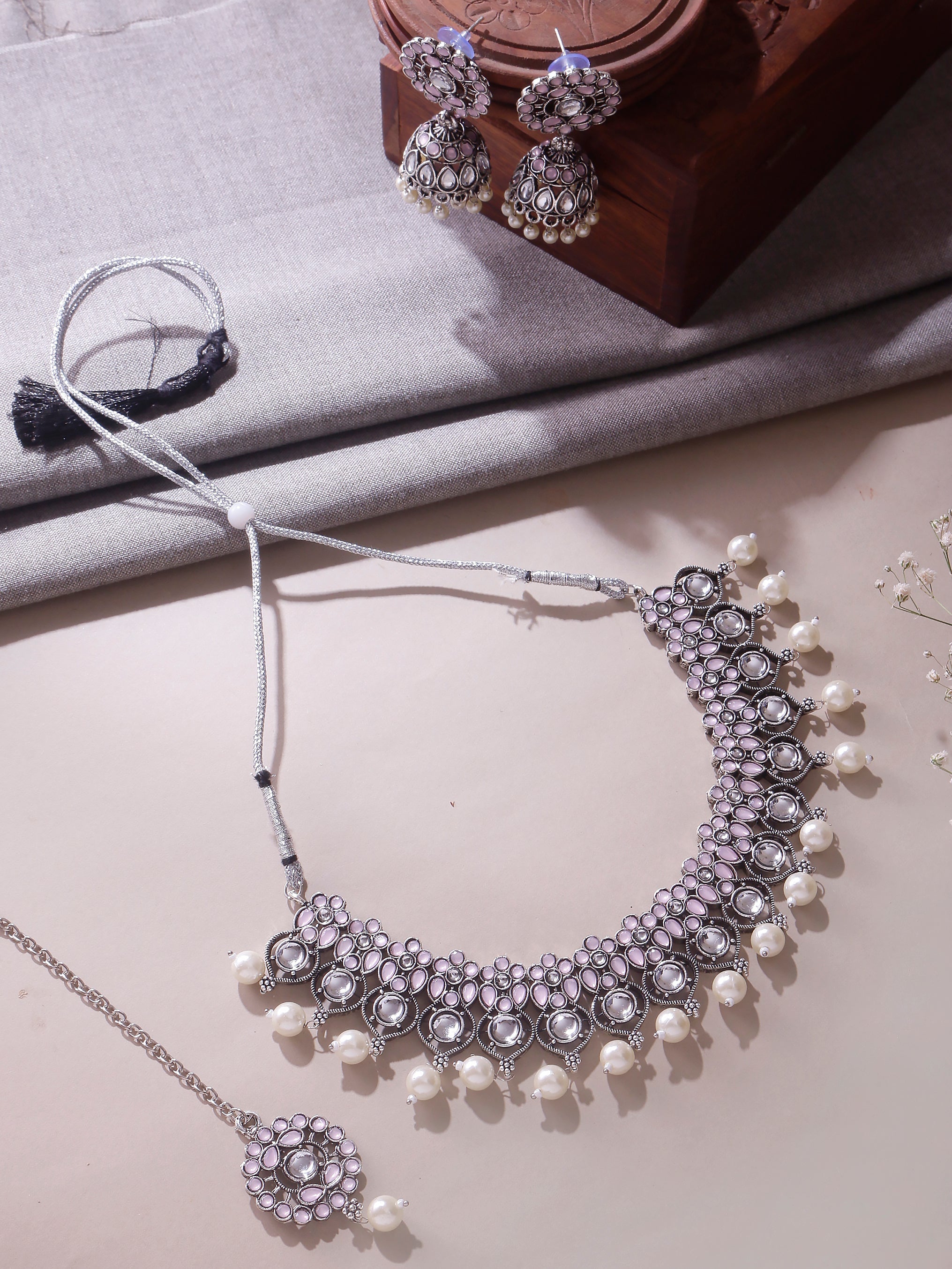 Swisni Alloy Silver Necklace, Earring, Maang Tikka White Beads Necklace Set For Women|For Girls|Gifting|Anniversary|Birthday|Girlfriend
