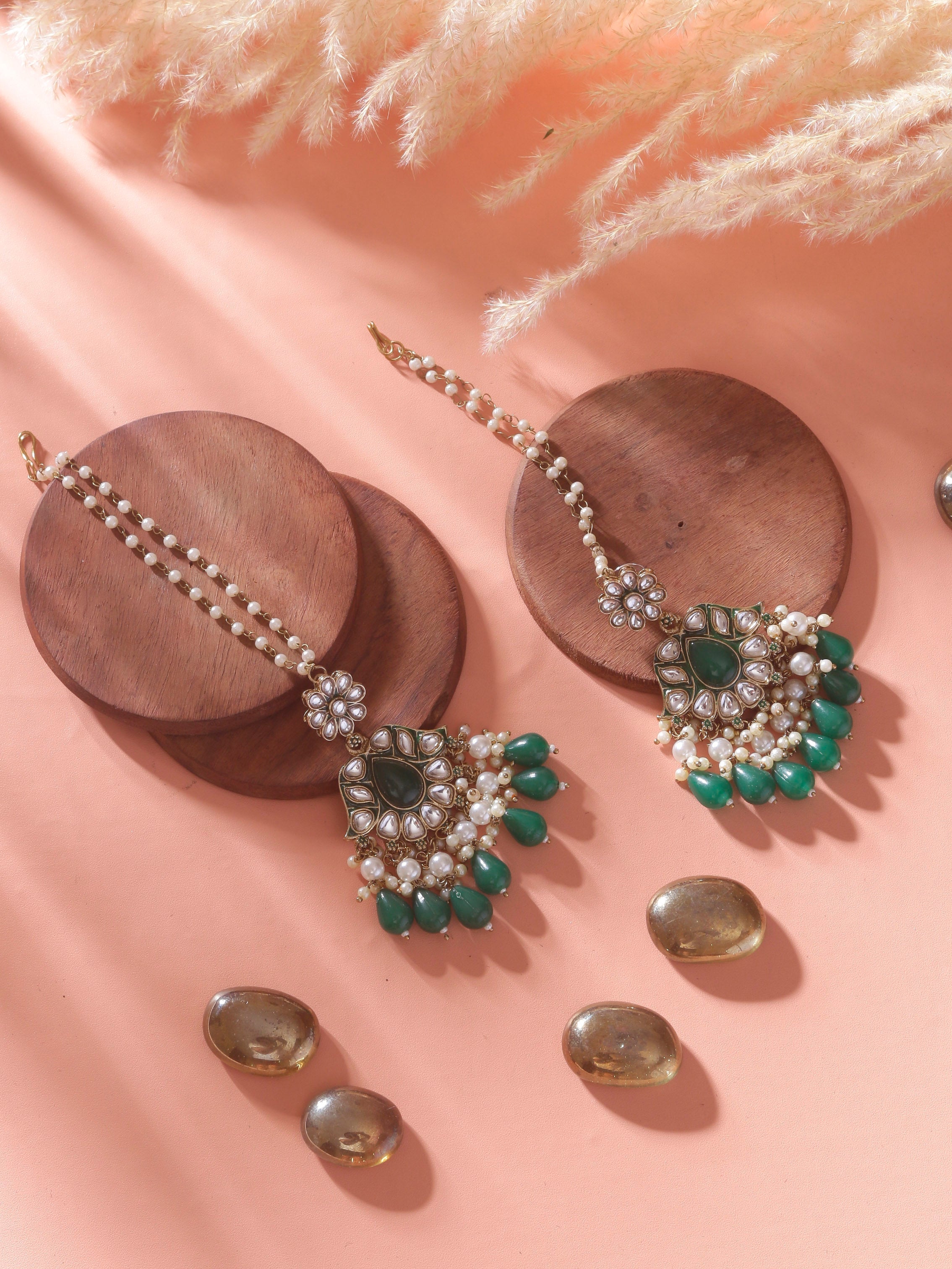 Swisni Alloy Golden Earrings with Green N White Beads