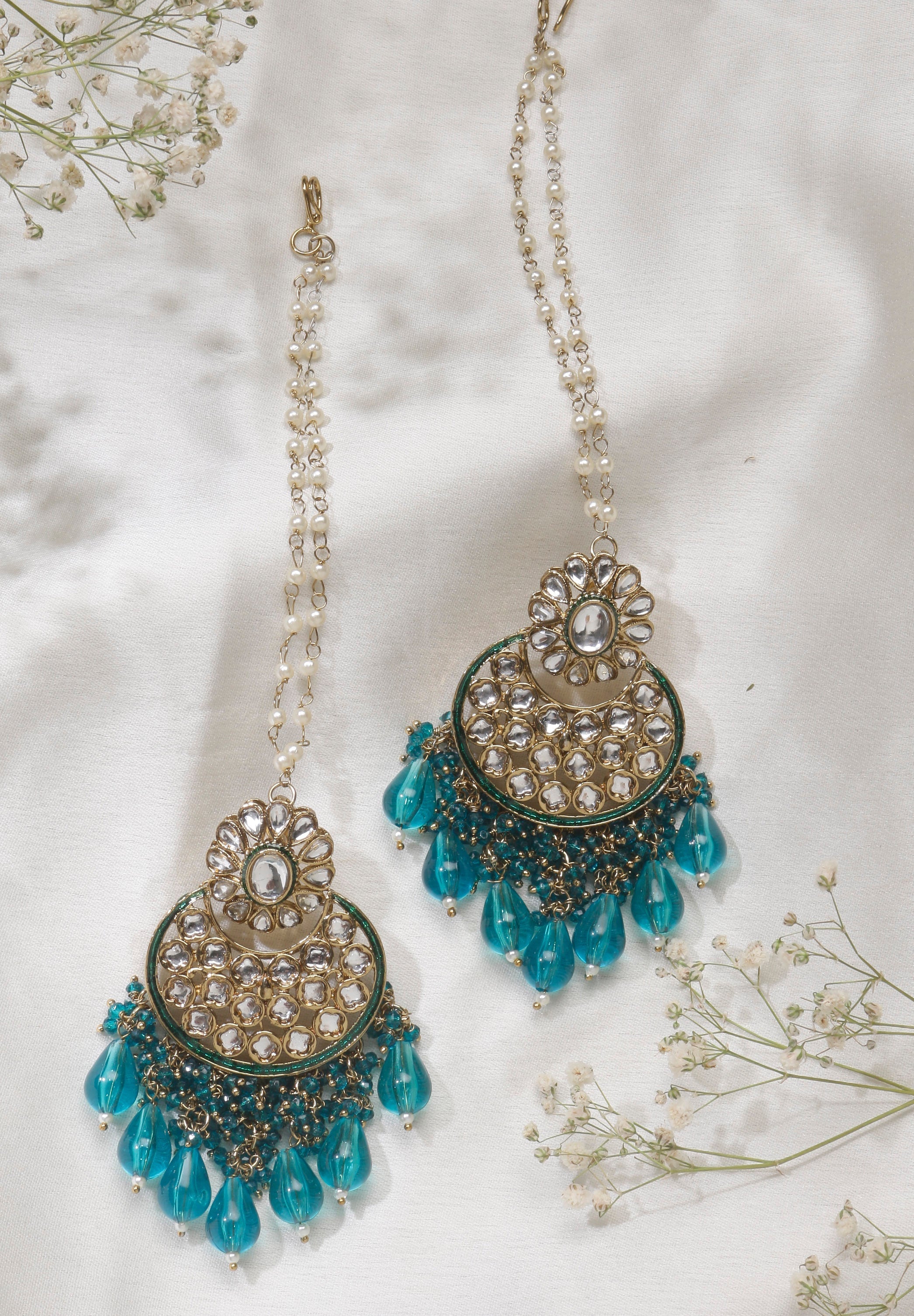 Swisni Alloy Golden Earrings with Blue Beads