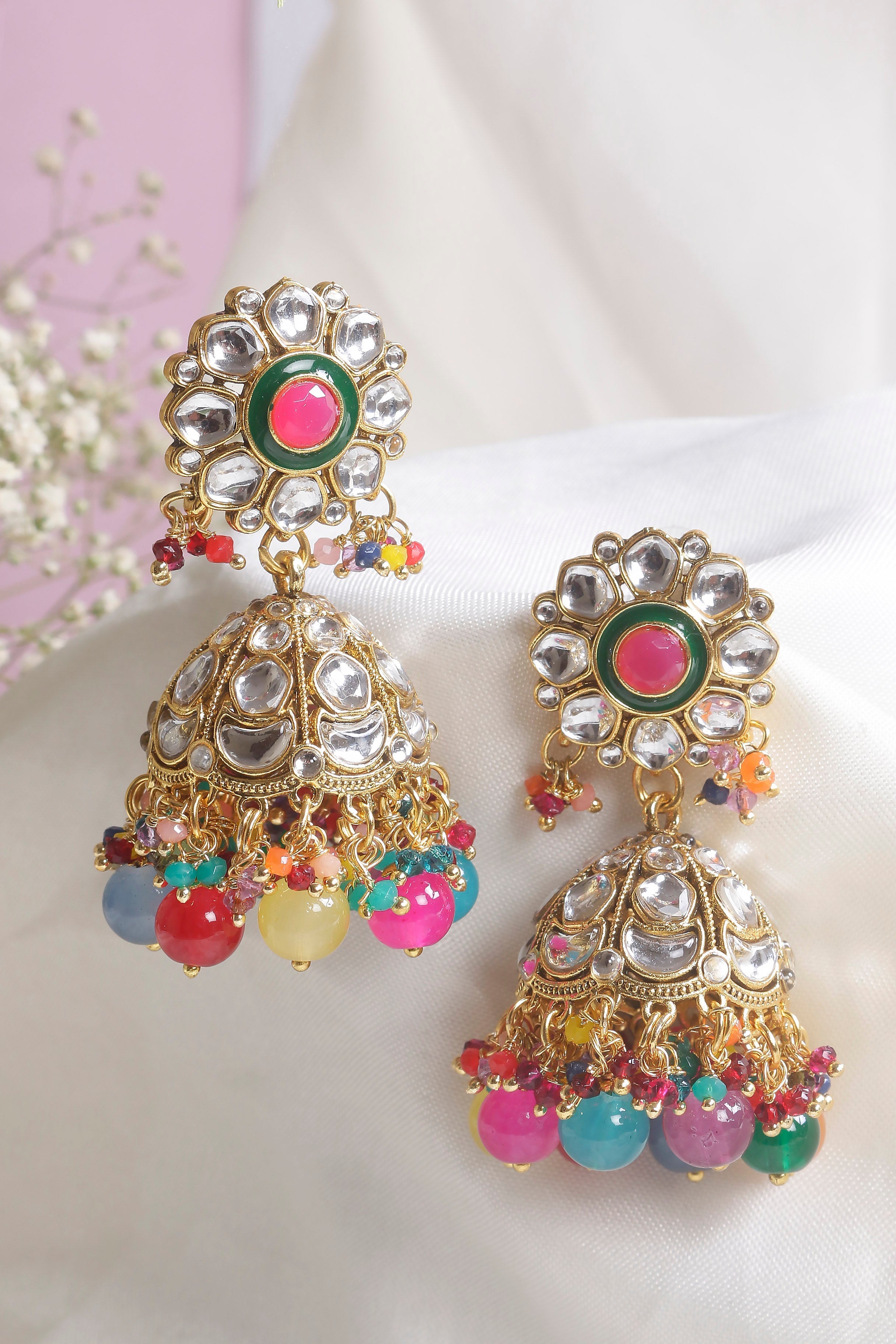 Swisni Alloy Golden Jhumki Earrings with Multi Beads