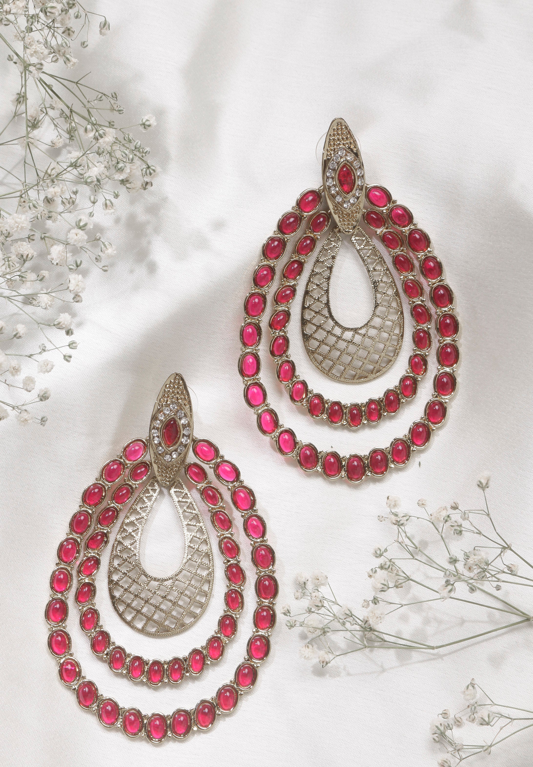 Swisni Alloy Golden Earrings with Pink Beads