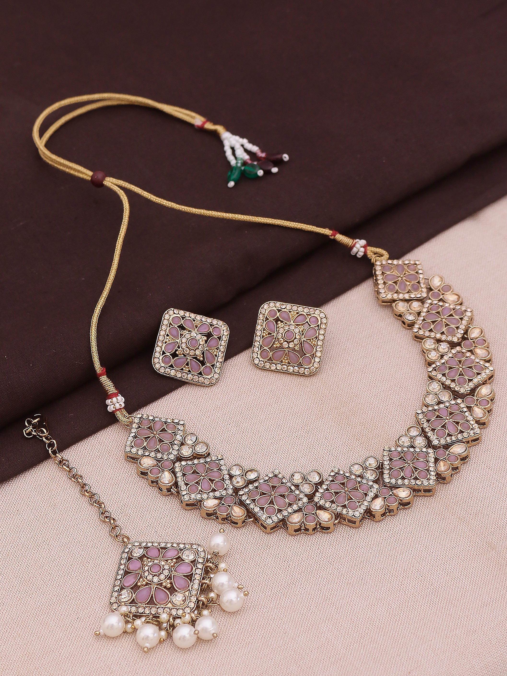 Swisni Alloy Pink Necklace, Earring, Maang Tikka Beads Necklace Set For Women|For Girls|Gifting|Anniversary|Birthday|Girlfriend