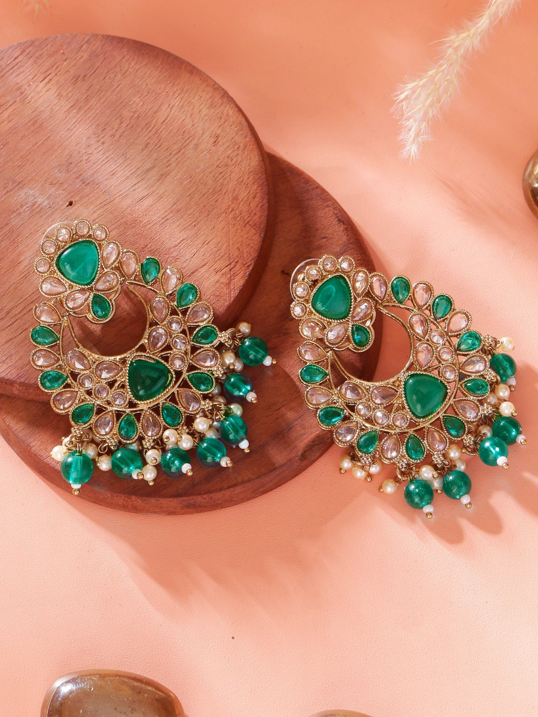 Swisni Alloy Golden Earrings with Light Green Beads