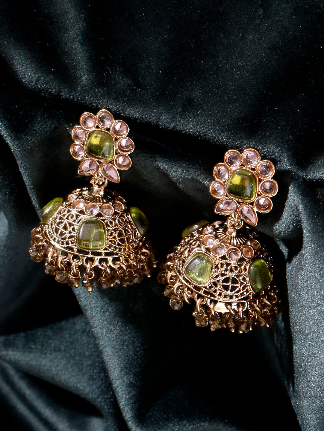 Swisni Alloy Golden Jhumki Earrings with Green