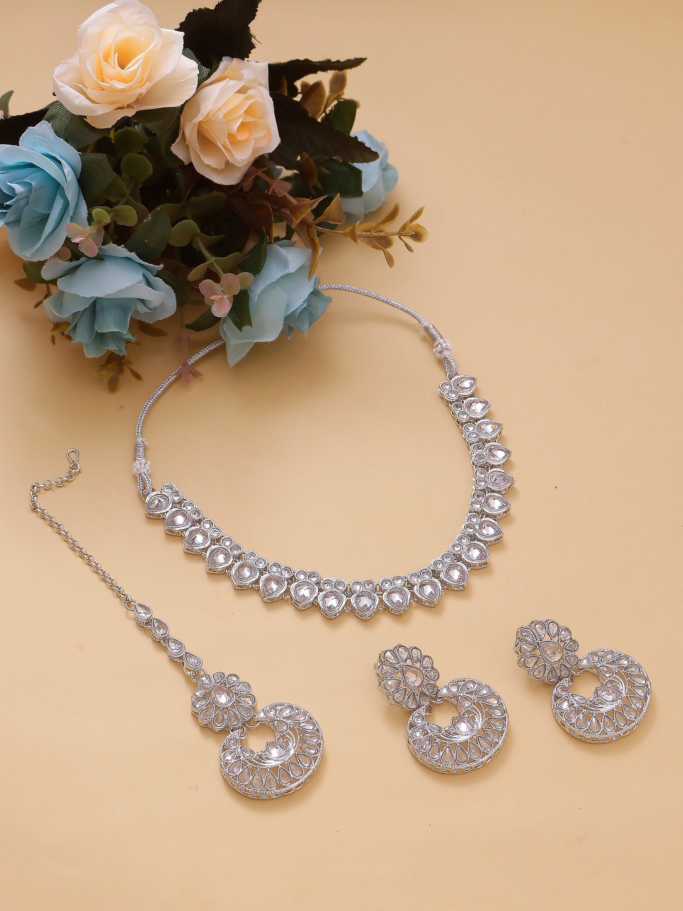 Swisni Alloy Silver Necklace, Earring, Maang Tikka Beads Necklace Set For Women|For Girls|Gifting|Anniversary|Birthday|Girlfriend