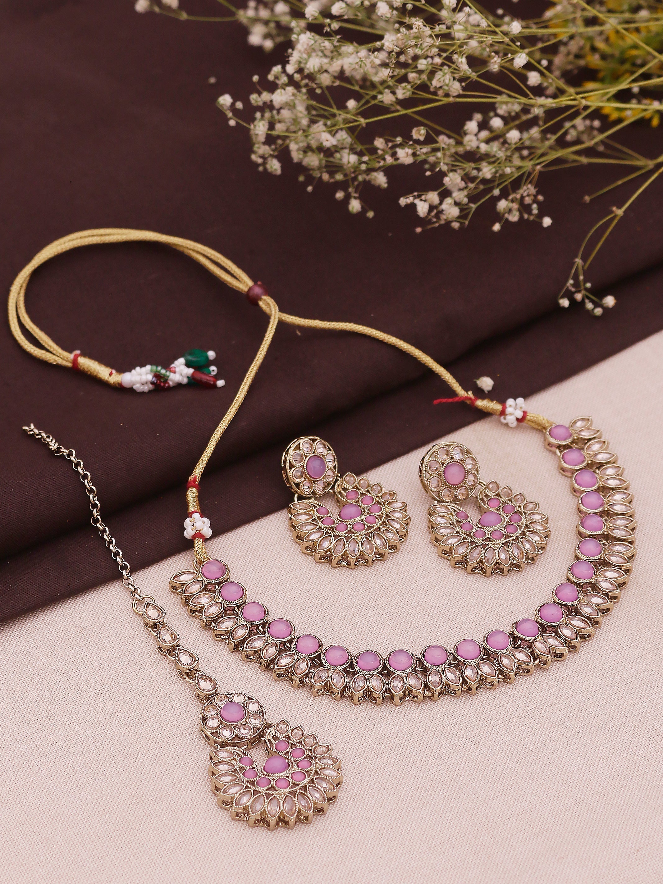 VRPS Ethnic Bag | Handcrafted Swisni Alloy Golden Necklace, Earring, Maang Tikka Golden Beads Necklace Set For Women | HE-SKU-165J