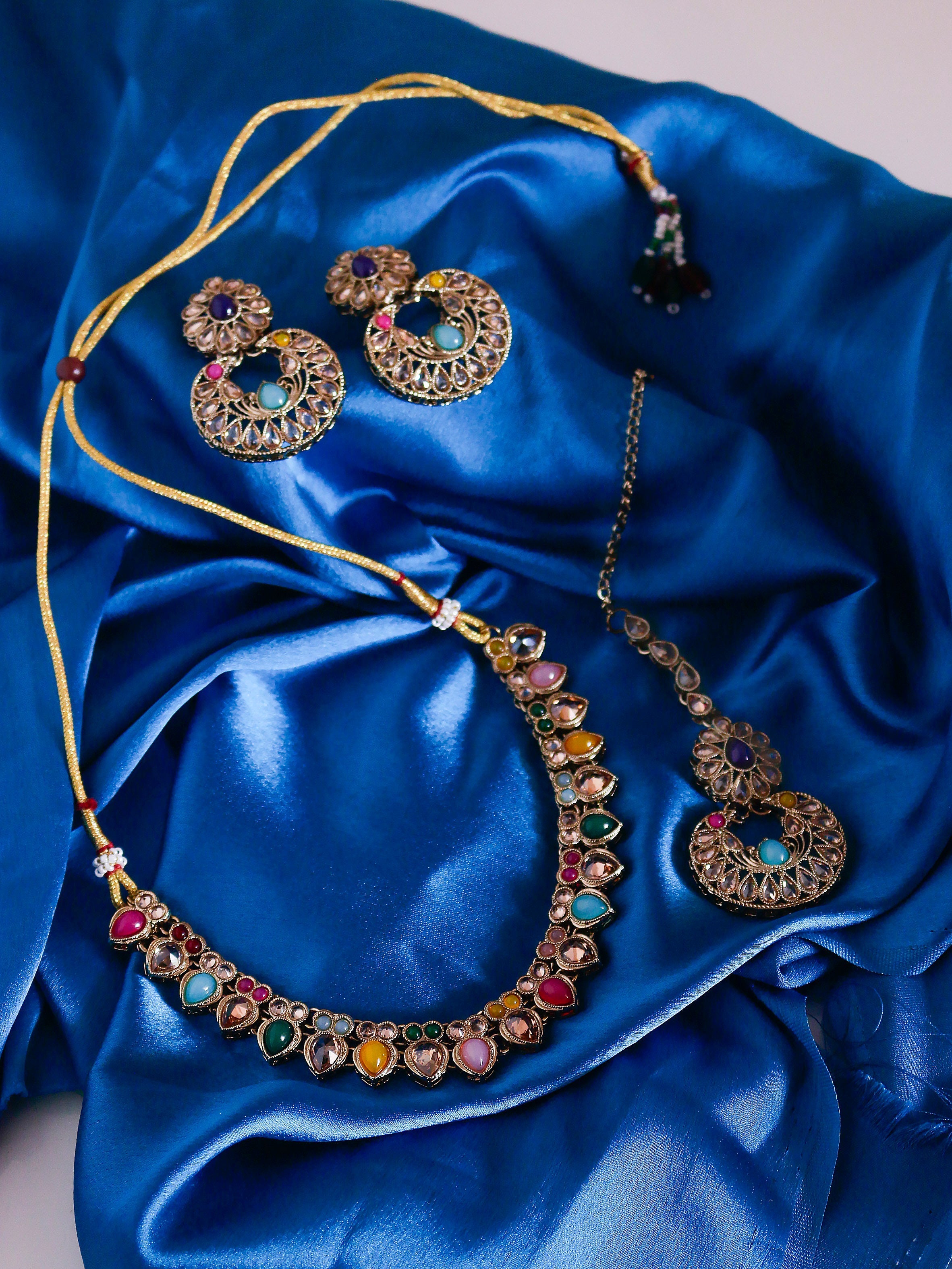 Swisni Alloy Multi Necklace, Earring, Maang Tikka Beads Necklace Set For Women|For Girls|Gifting|Anniversary|Birthday|Girlfriend