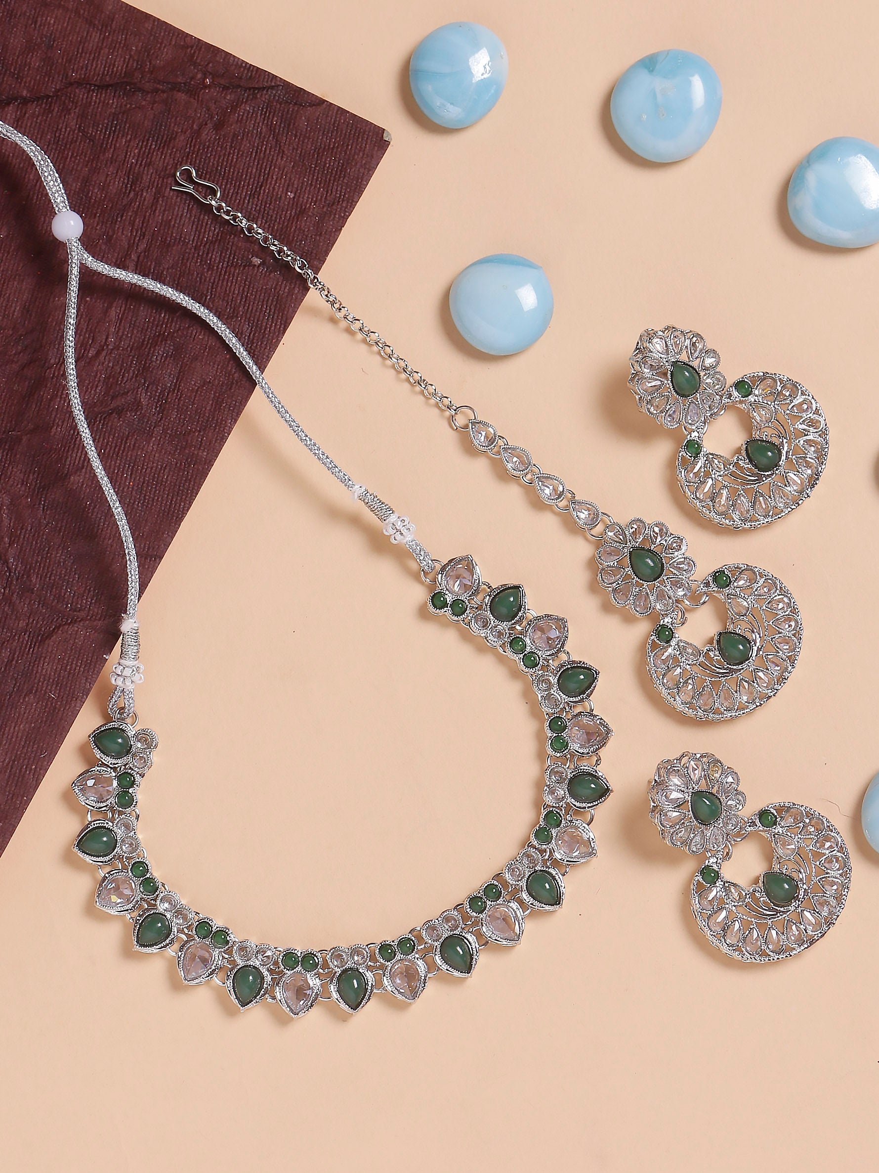 Swisni Alloy Silver Necklace, Earring, Maang Tikka Beads Necklace Set For Women|For Girls|Gifting|Anniversary|Birthday|Girlfriend