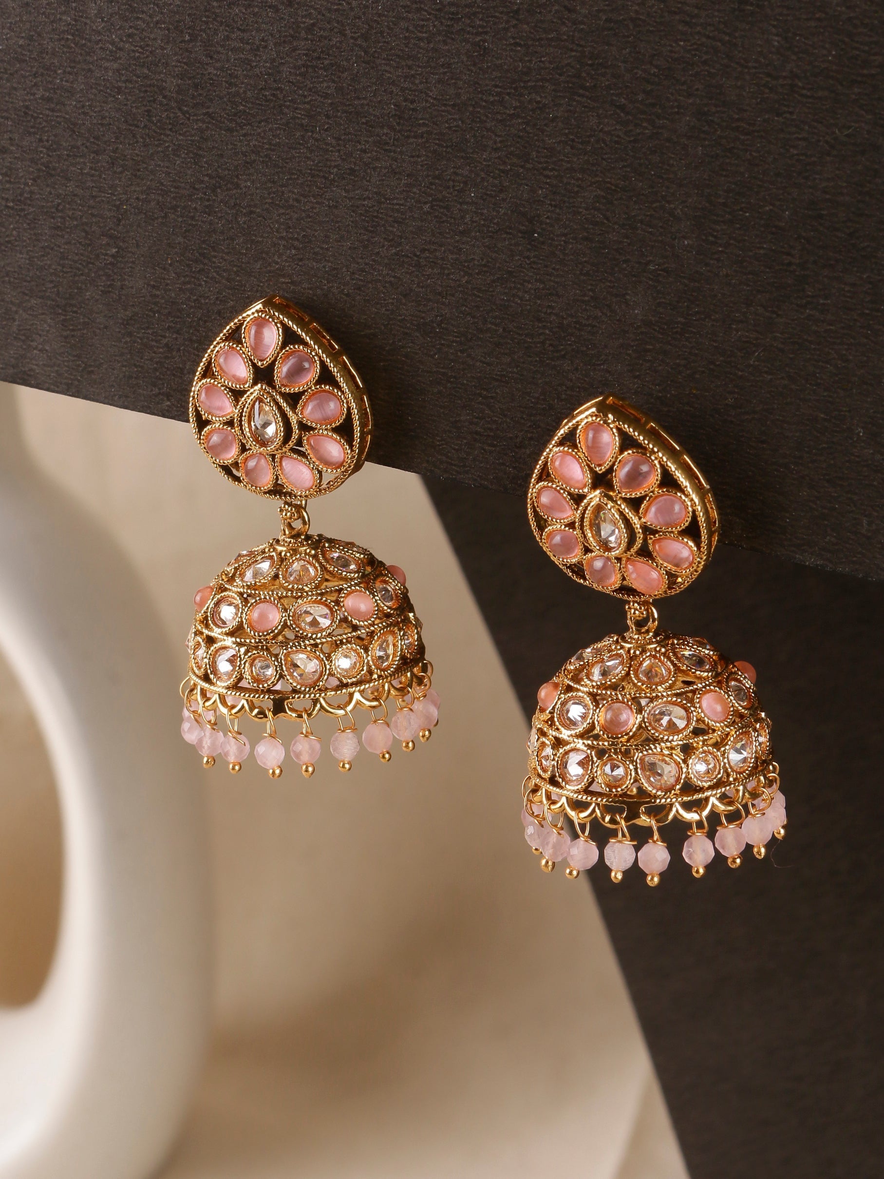 Swisni Alloy Golden Jhumki Earring Light Pink Beads