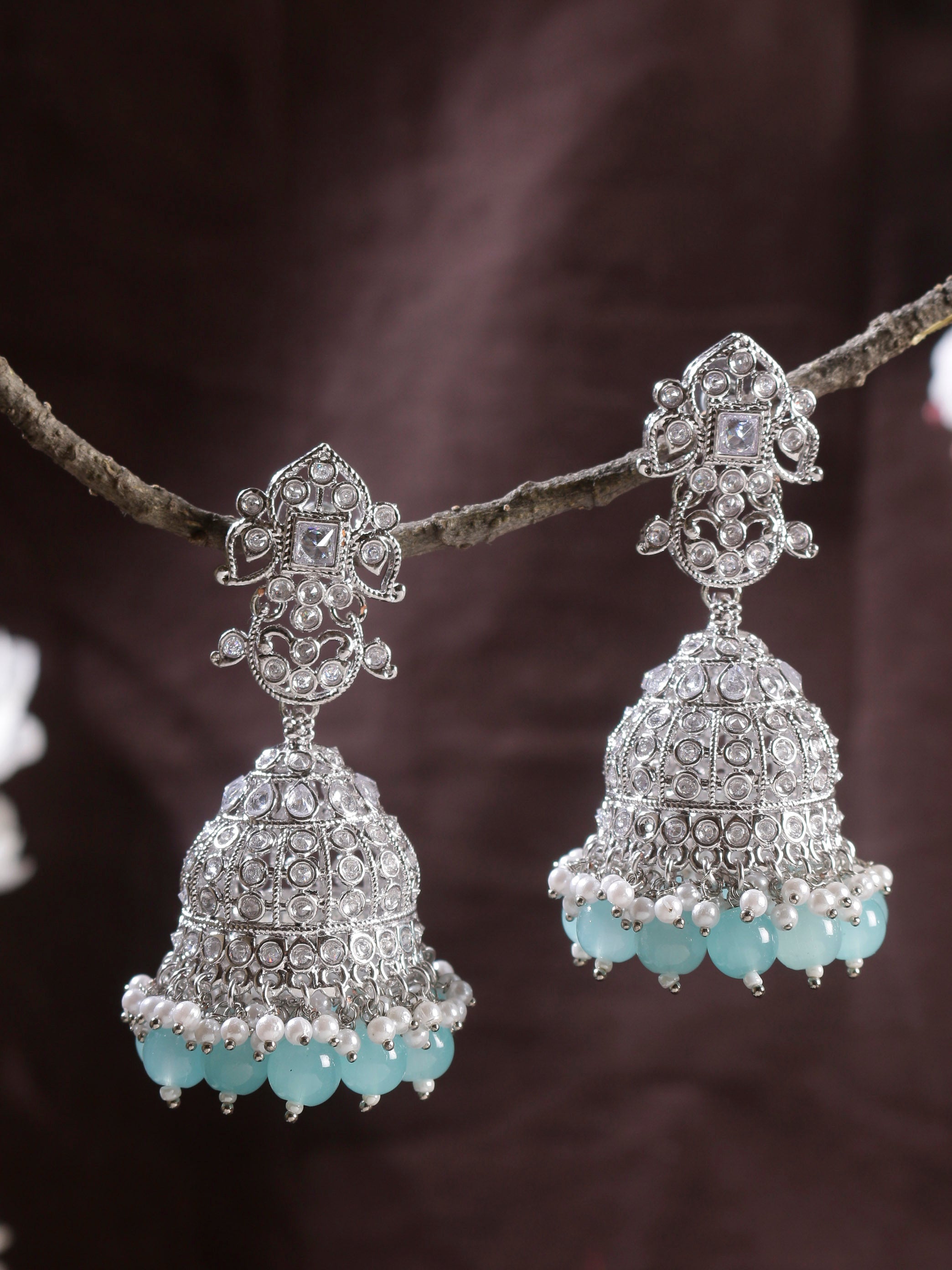 Swisni Alloy Silver Jhumki Earrings with Firozi & White