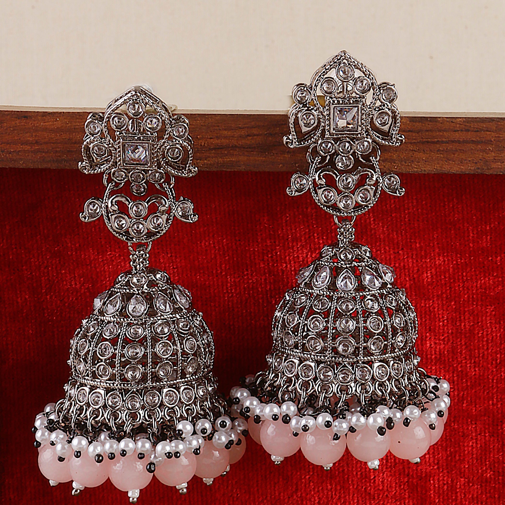 Swisni Alloy Silver Jhumki Earrings with Light Pink Beads
