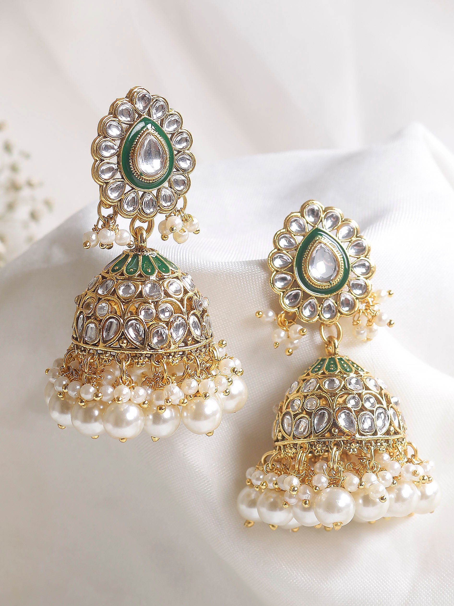 Swisni Alloy Golden Jhumki Earrings with White Beads For Women