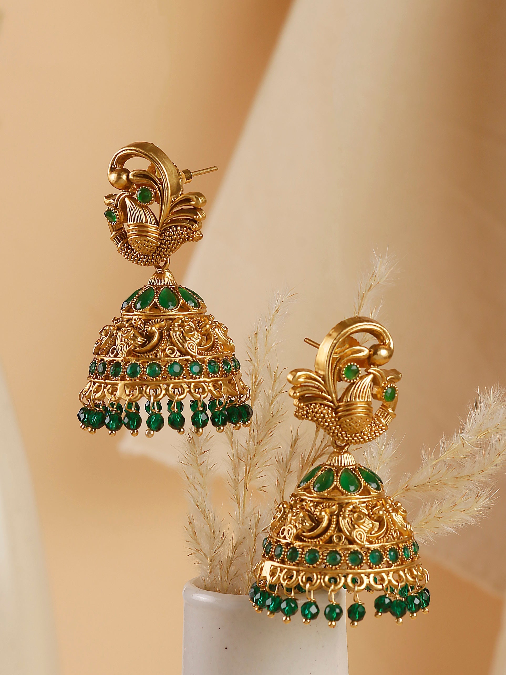 Swisni Alloy Golden Jhumki Earrings with Green Beads