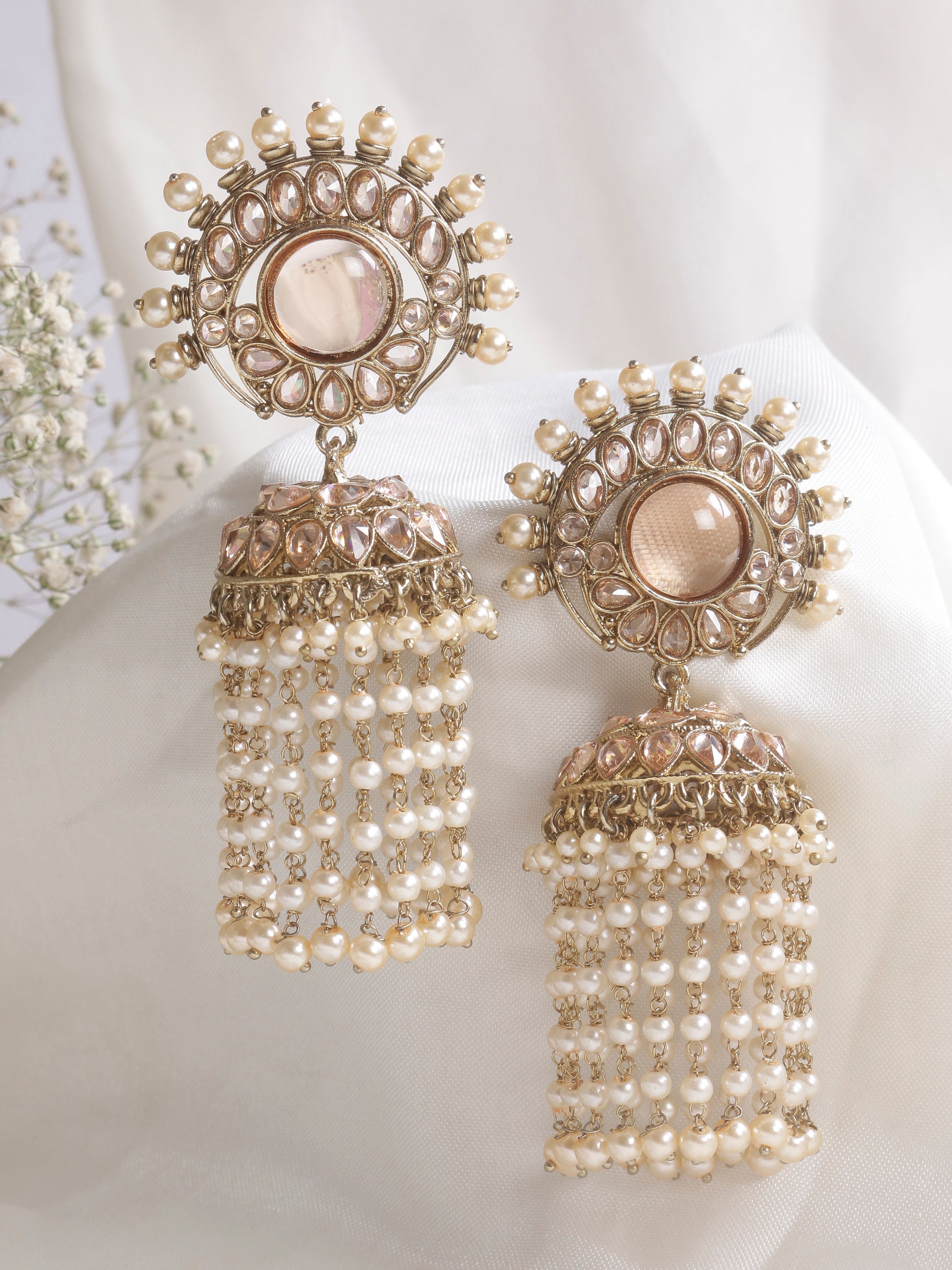Swisni Alloy Golden Jhumki Earrings with White Beads