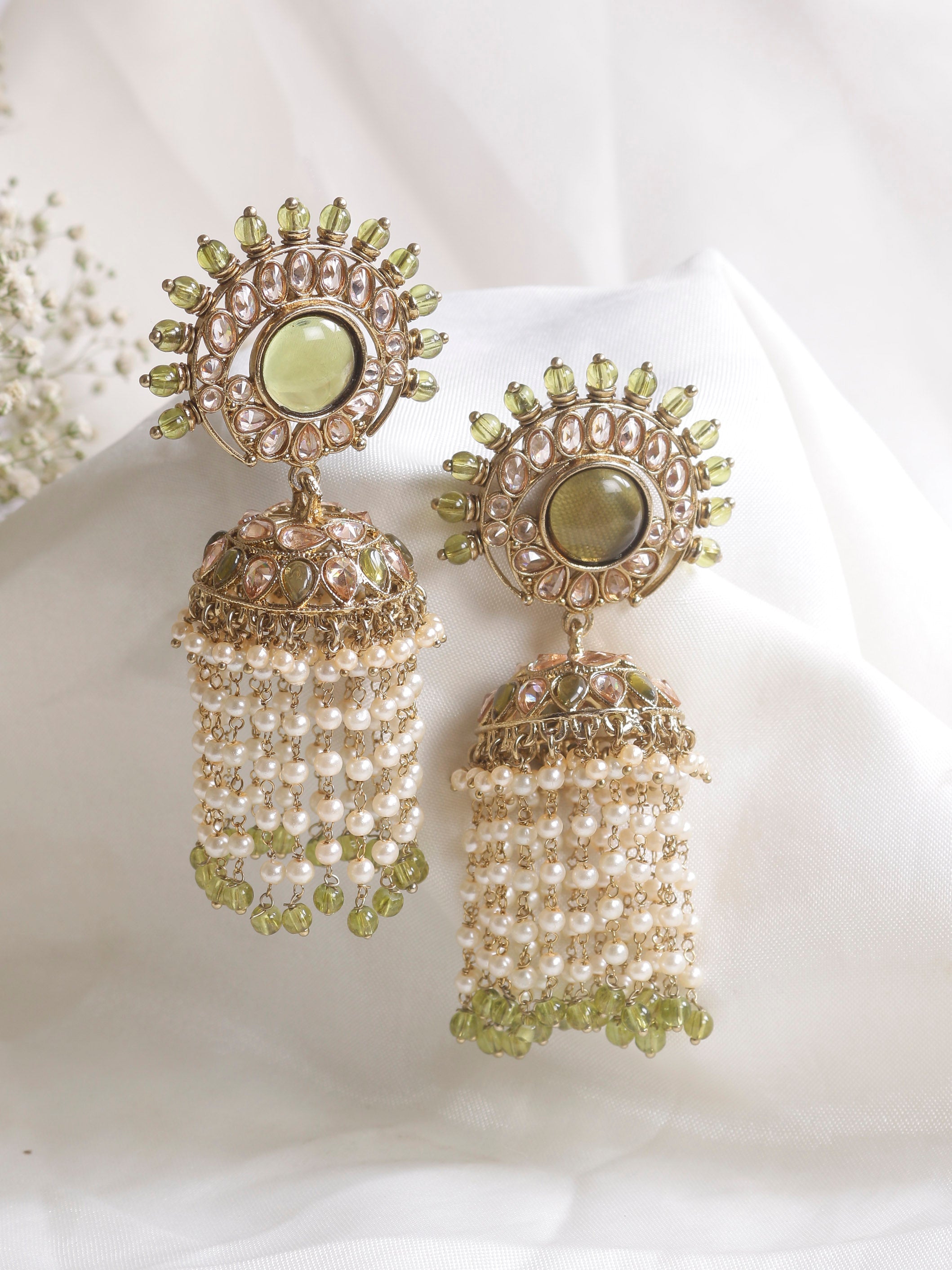 Swisni Alloy Golden Jhumki Earrings with Green Beads