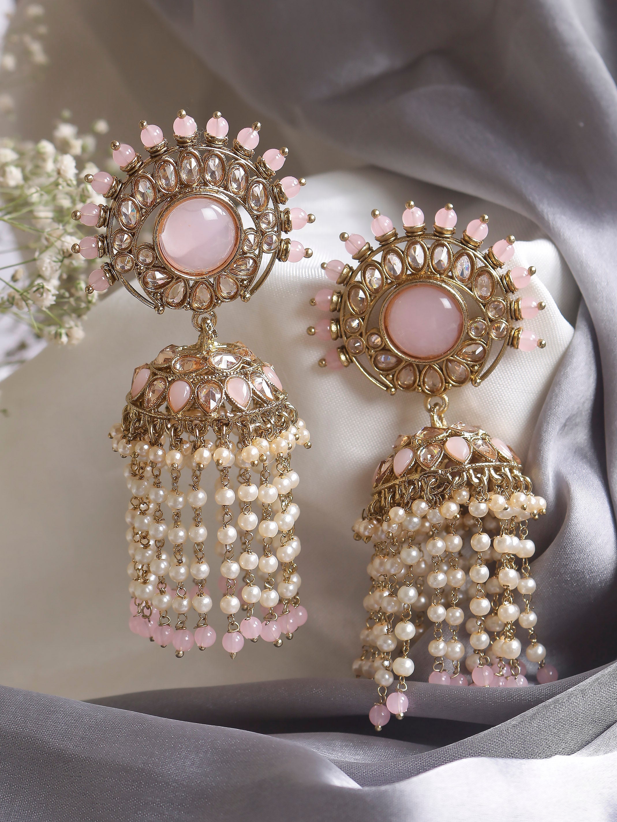 Swisni Alloy Golden Jhumki Earrings with Light Pink