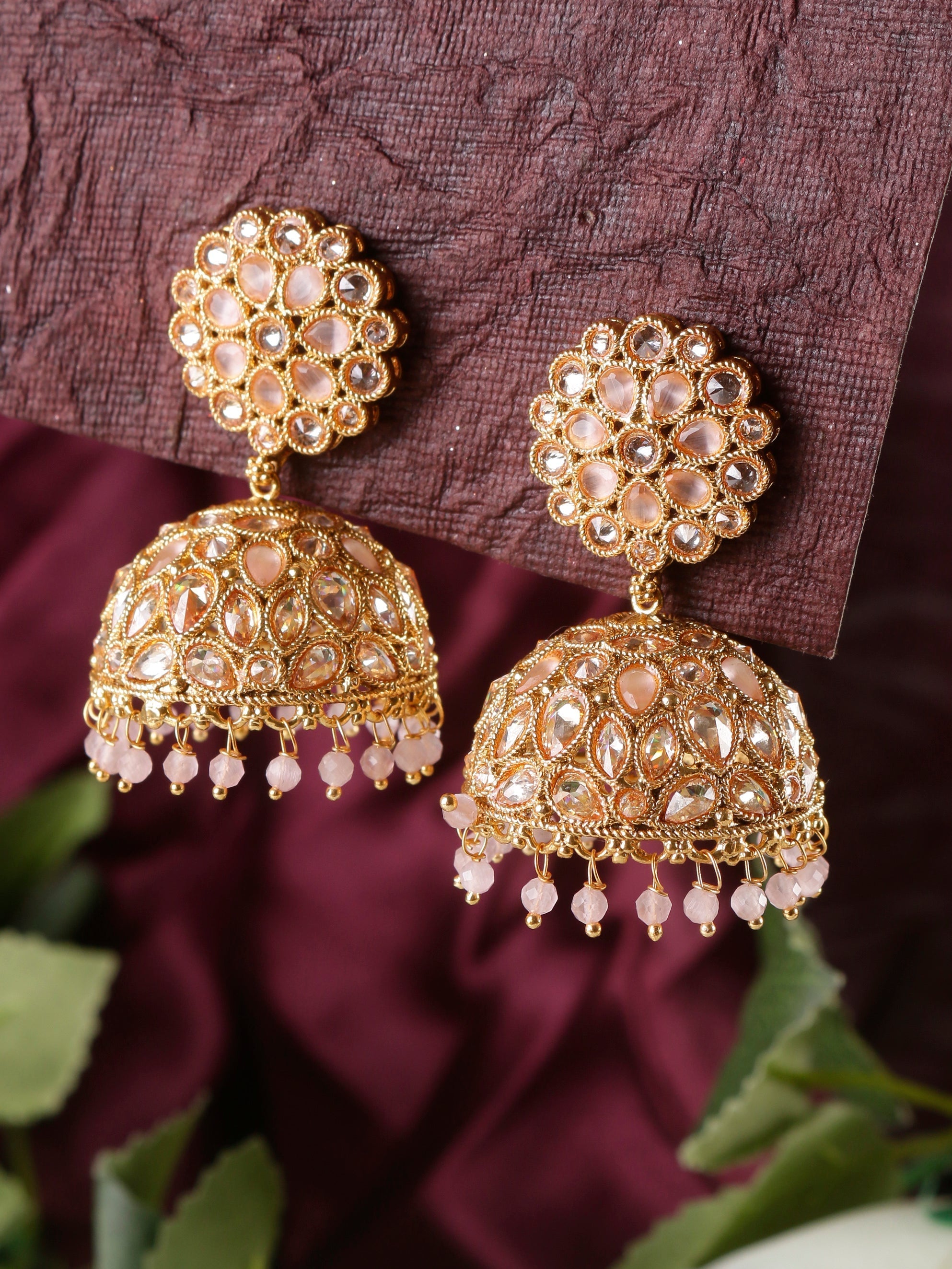 Swisni Alloy Golden Jhumki Earrings with Light Pink