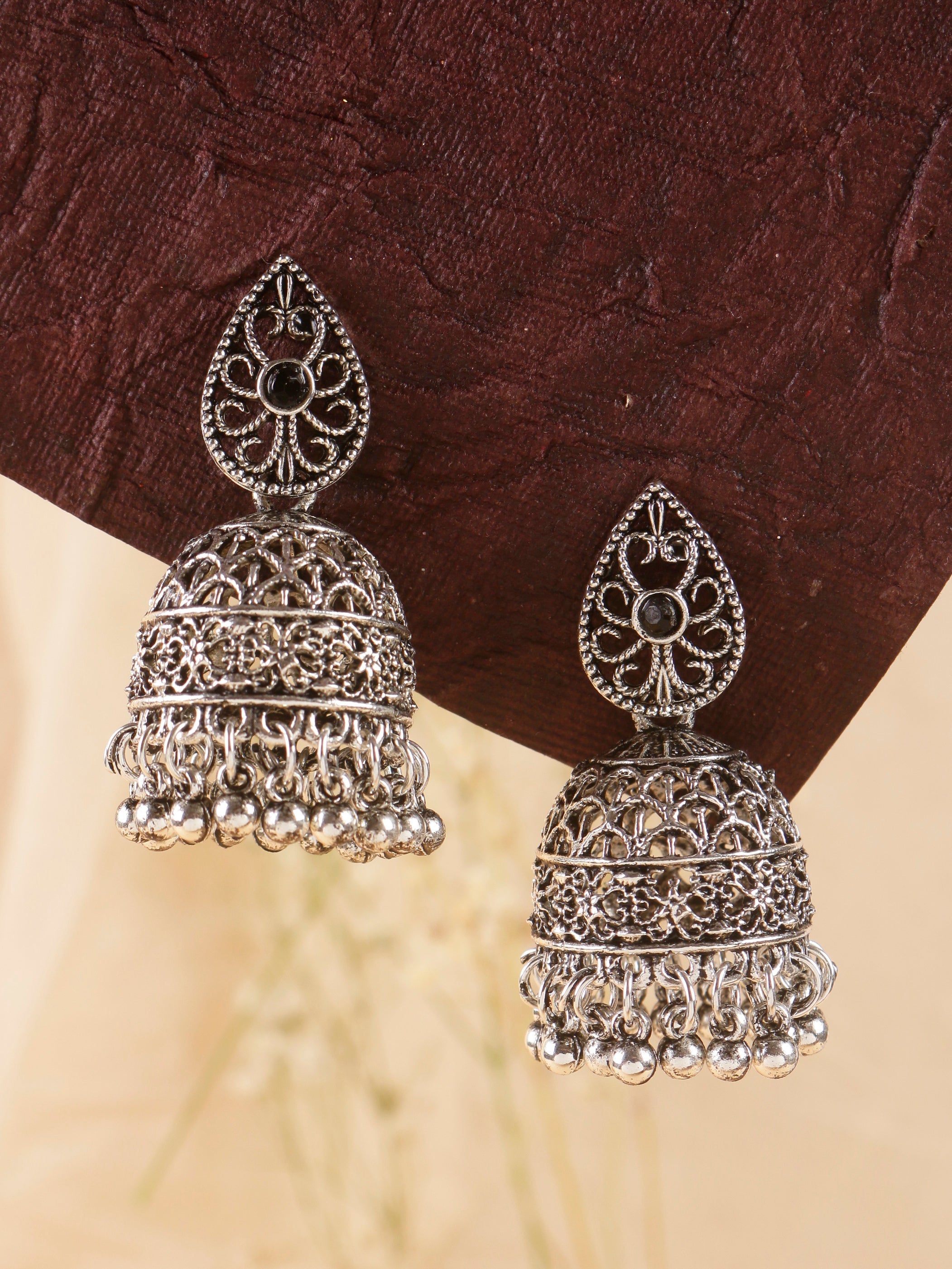 Swisni Alloy Silver Jhumki Earrings with Silver Beads