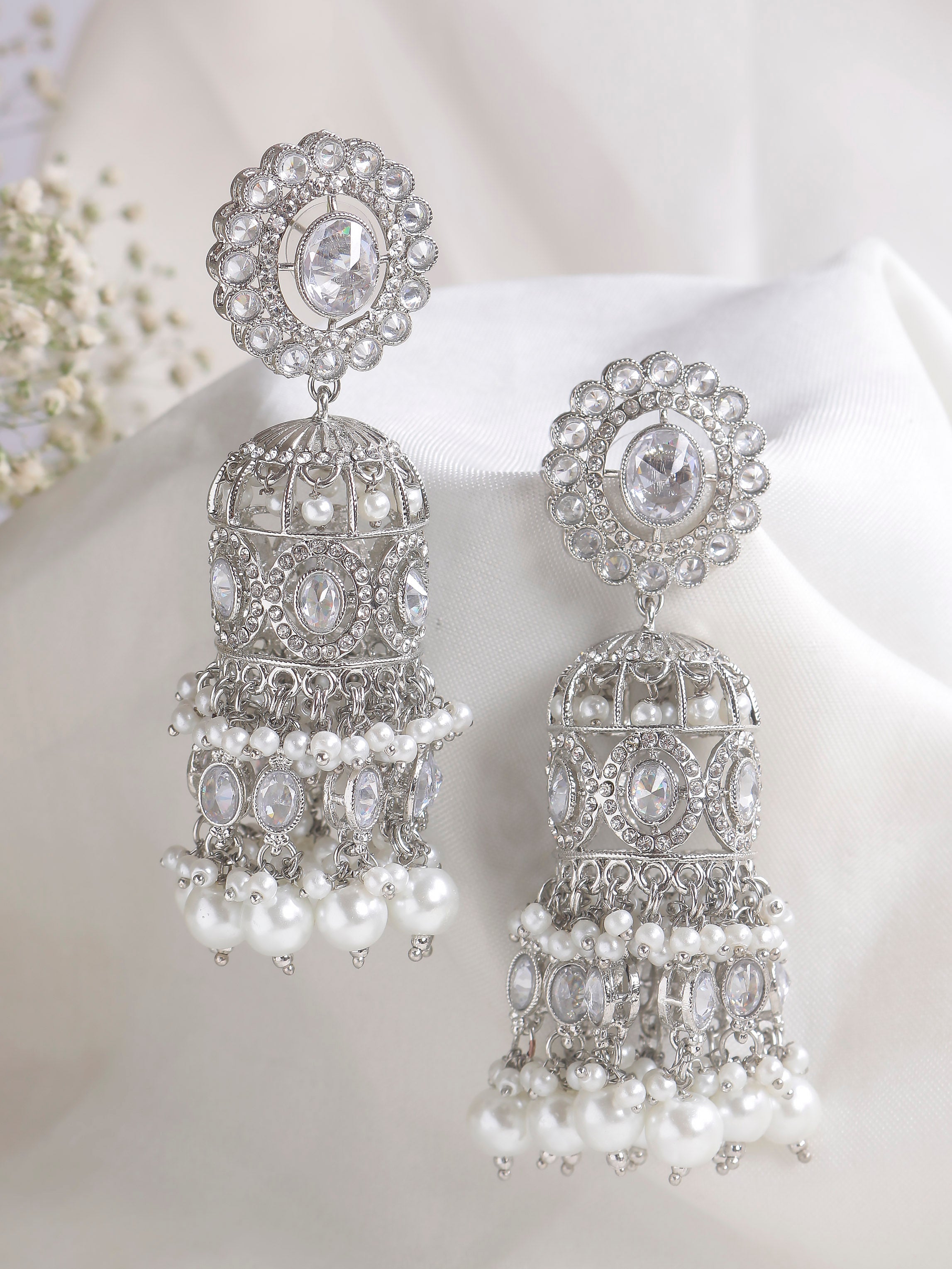 Swisni Alloy Silver Jhumki Earrings with White Beads