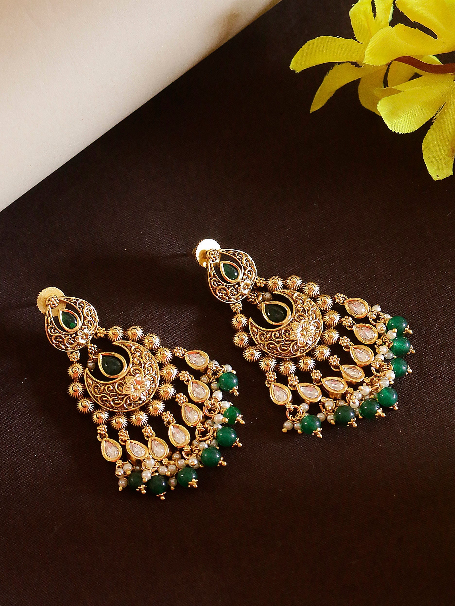 Swisni Alloy Golden Earrings with Green Beads