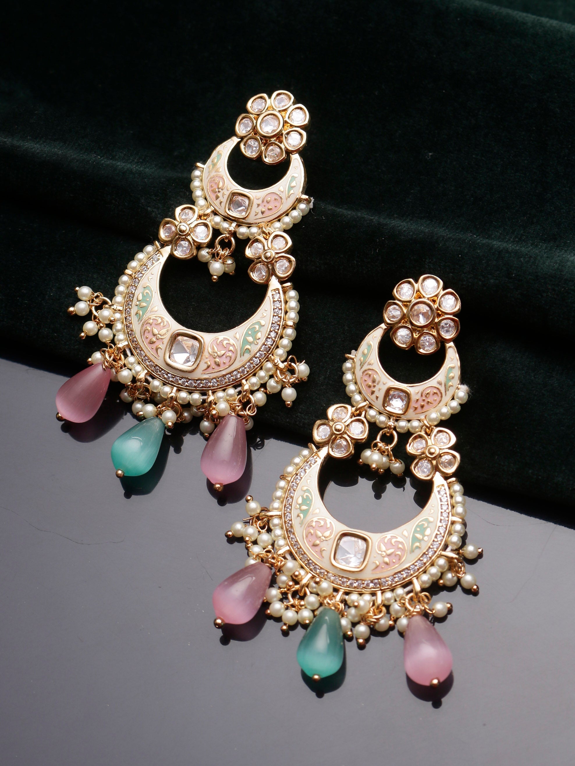 Swisni Alloy Golden Earrings with Light Pink & Green