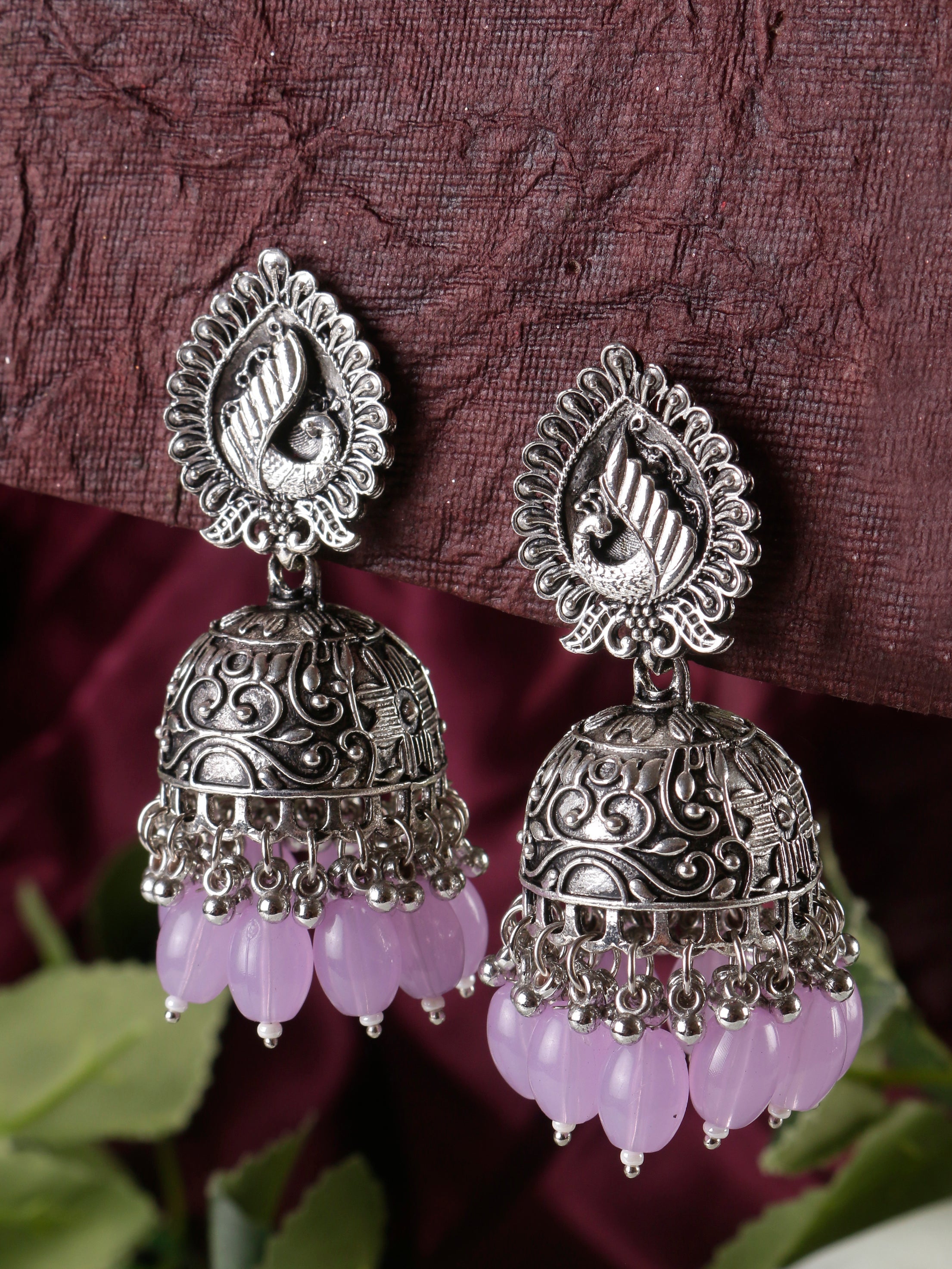 Swisni Alloy Silver Jhumki Earrings with Light Pink