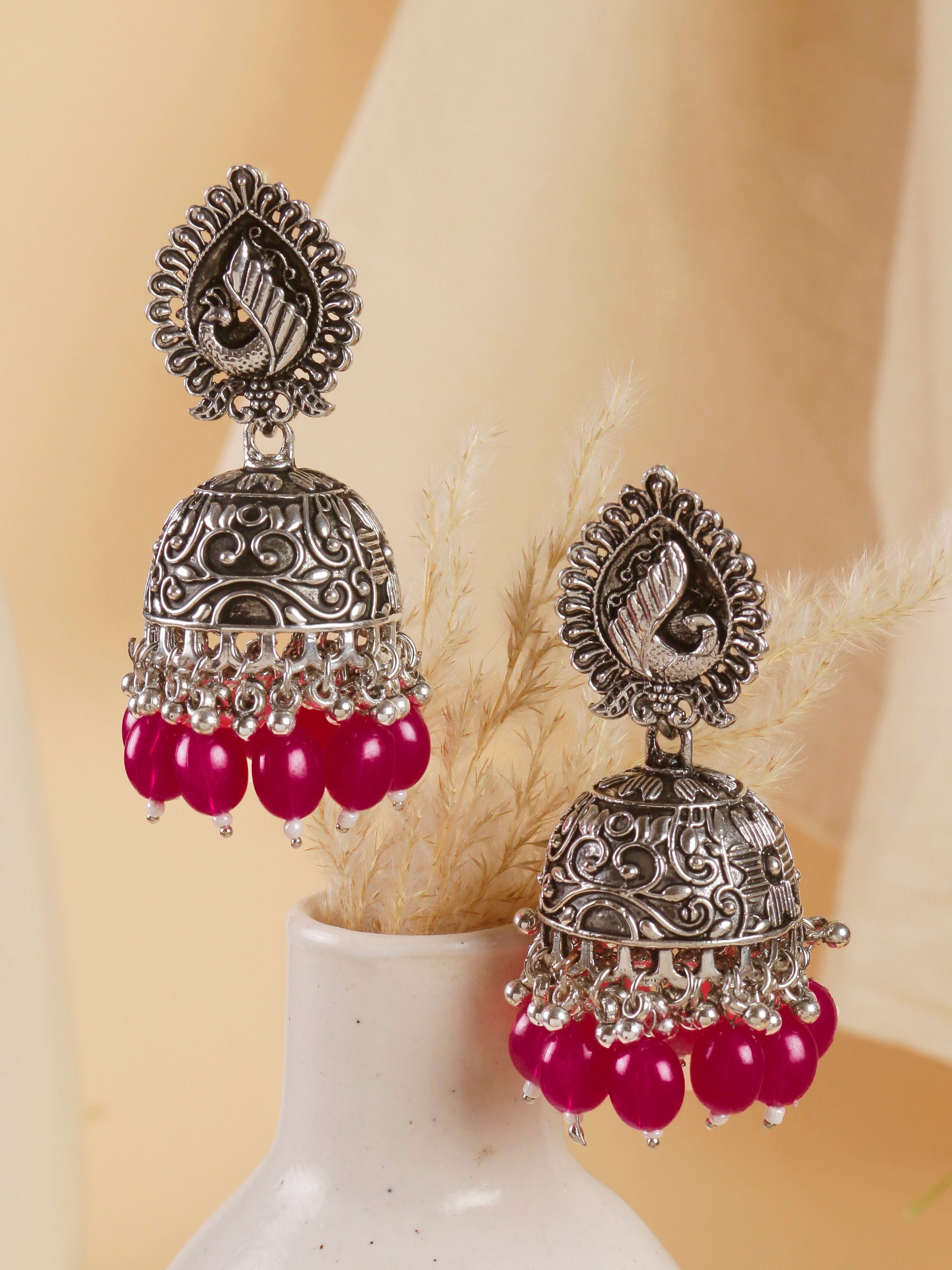 Swisni Alloy Silver Jhumki Earrings with Red Beads