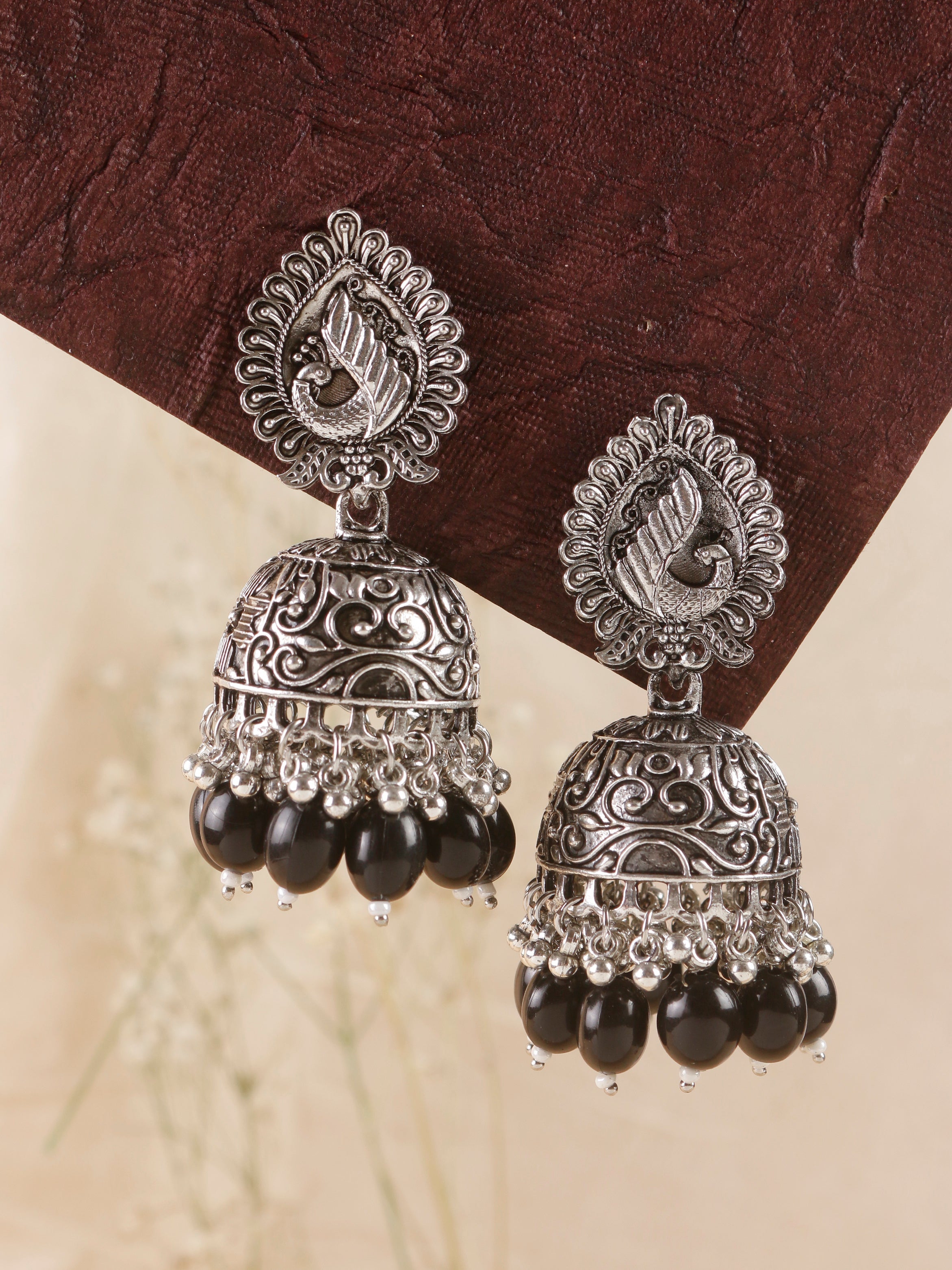 Swisni Alloy Silver Jhumki Earrings with Black Beads