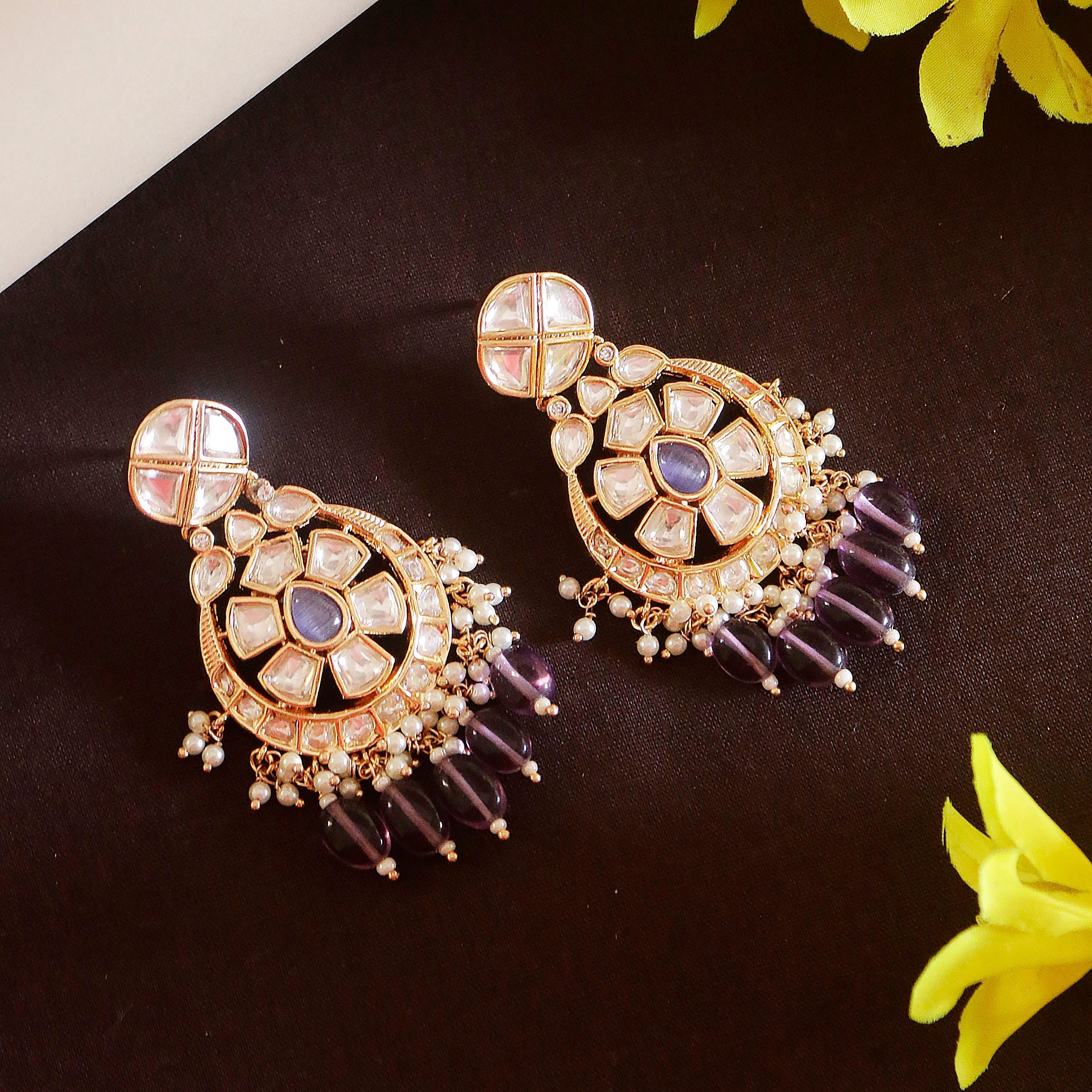 Swisni Alloy Golden Earrings with Perple Beads