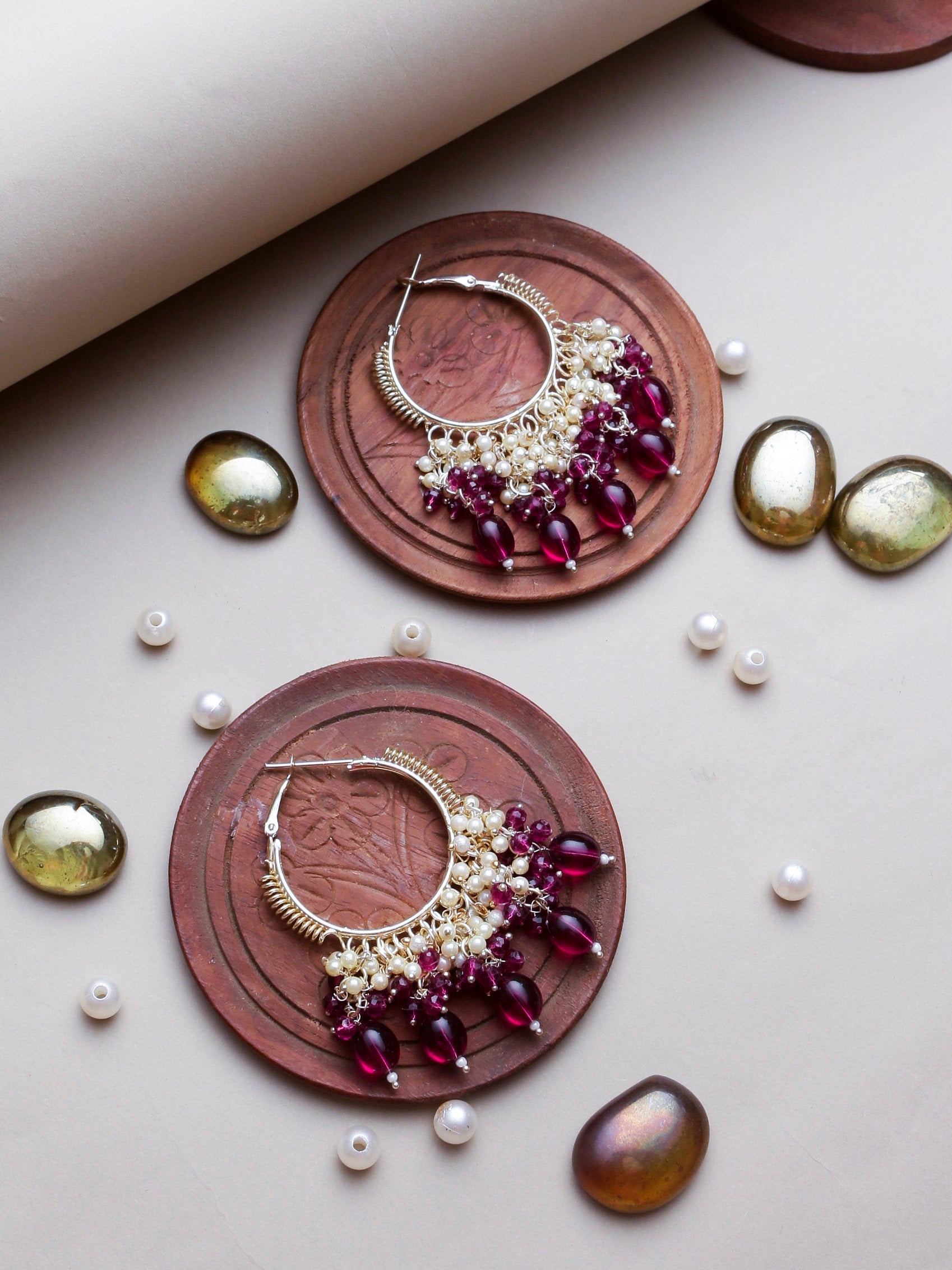 Swisni Alloy Golden Earrings with Maroon N White Beads