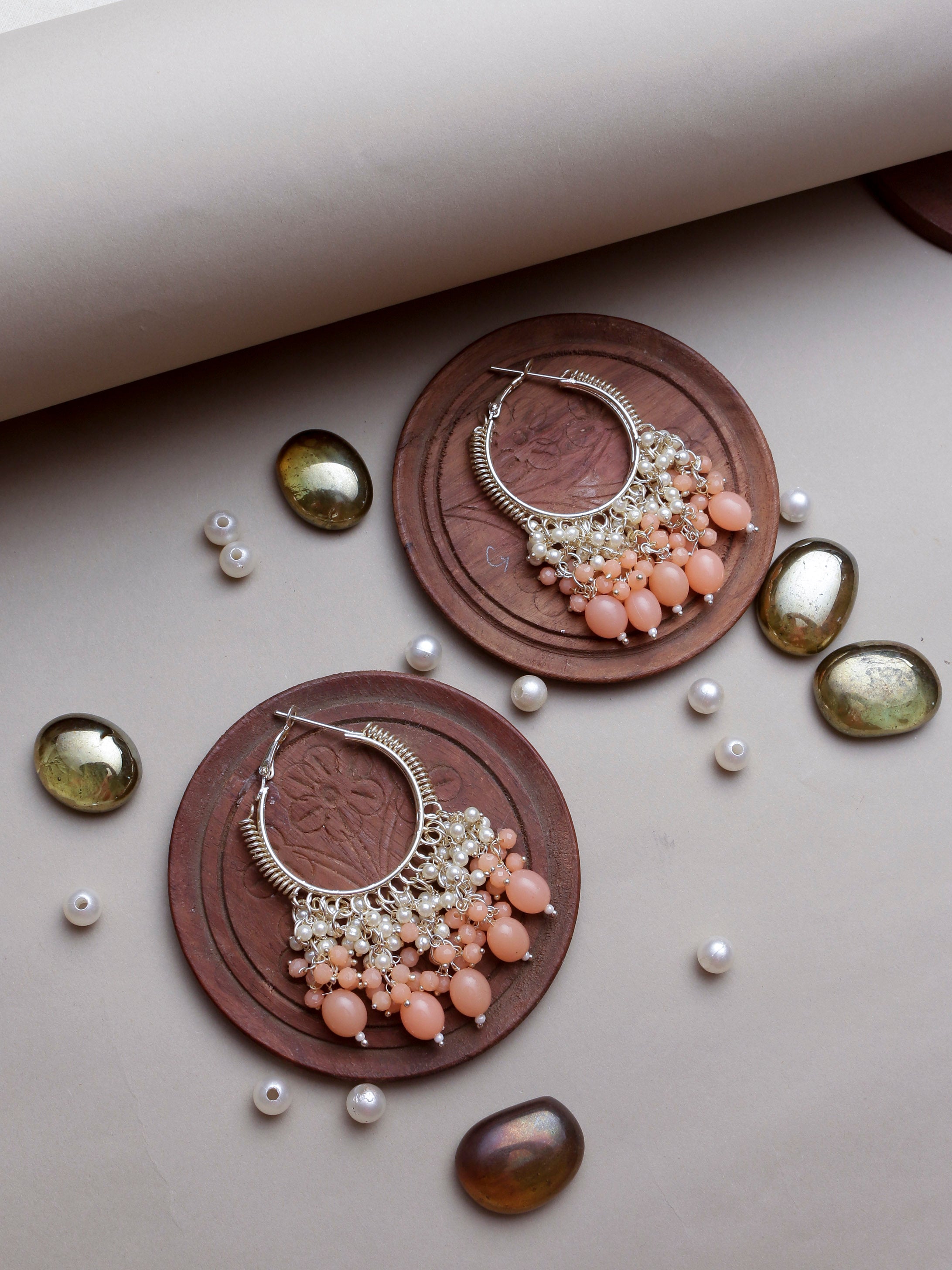 Swisni Alloy Golden Earrings with Peach Beads