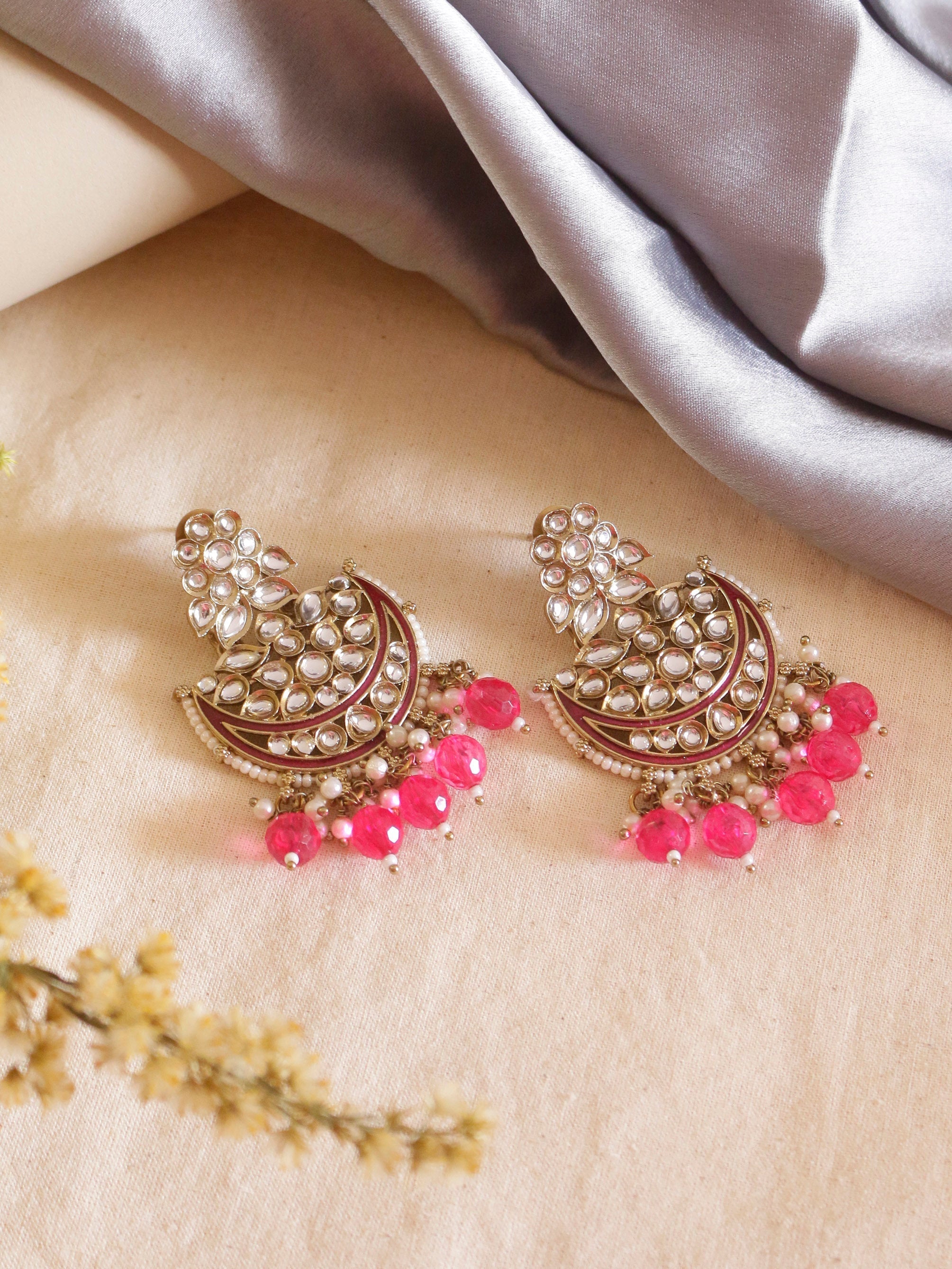 Swisni Alloy Golden Earrings with Maroon N Pink Beads