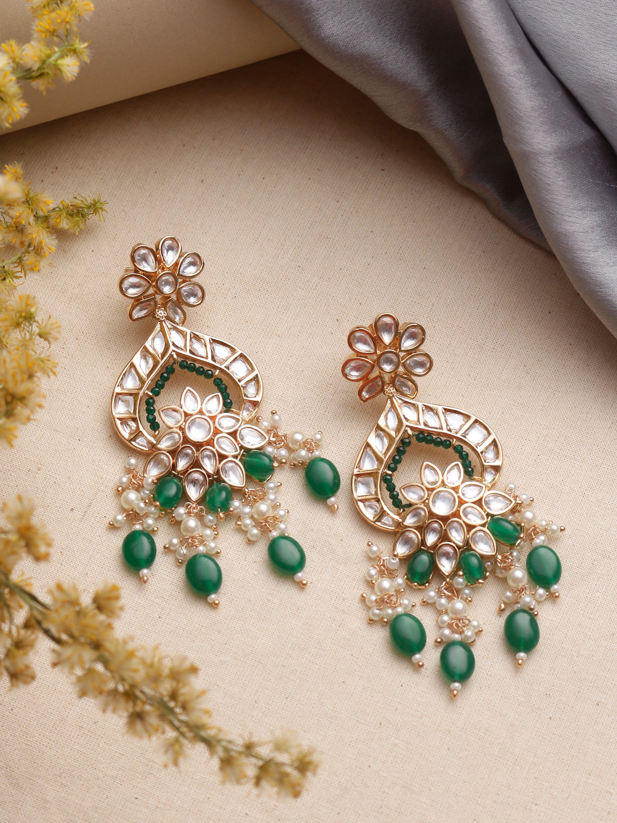Swisni Alloy Golden Earrings with Green & White Beads