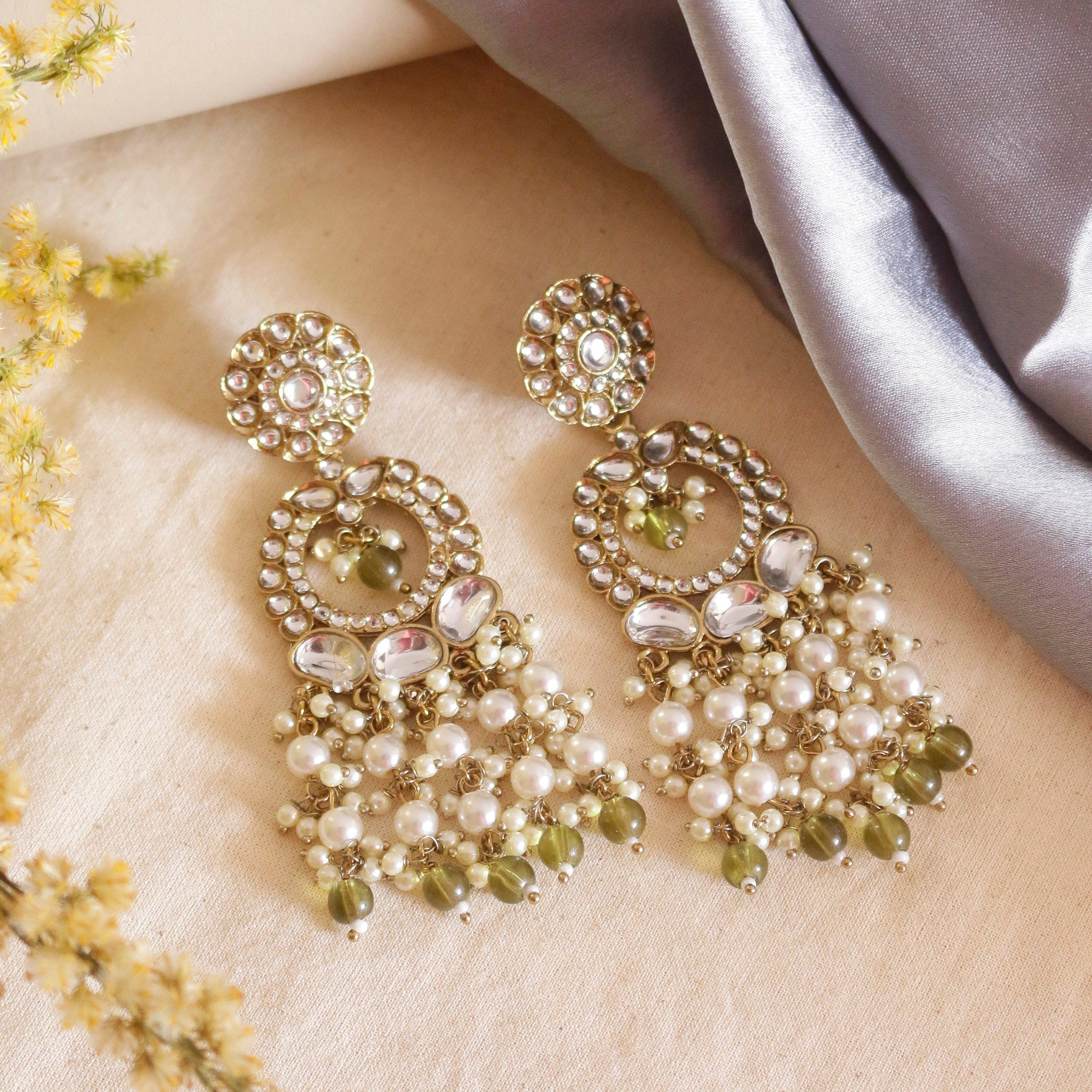 Swisni Alloy Golden Earrings with Golden N White Beads