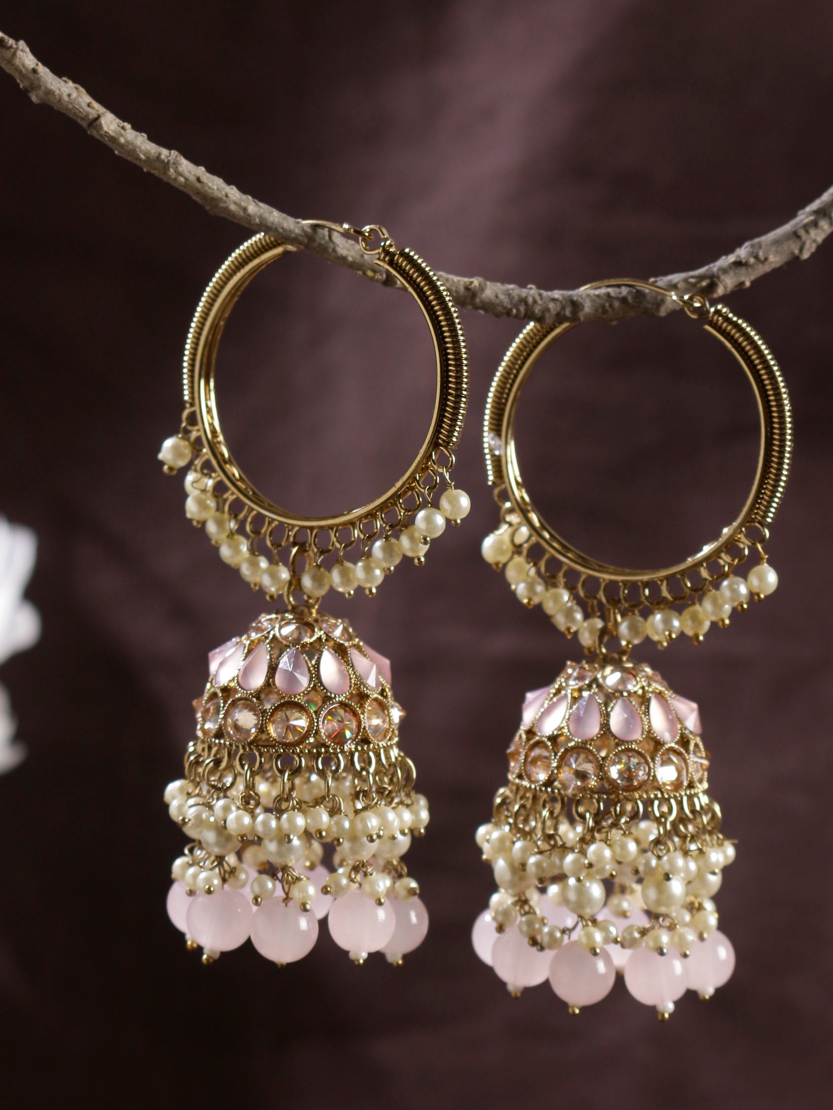 Swisni Alloy Golden Jhumki Earrings with Firozi & White