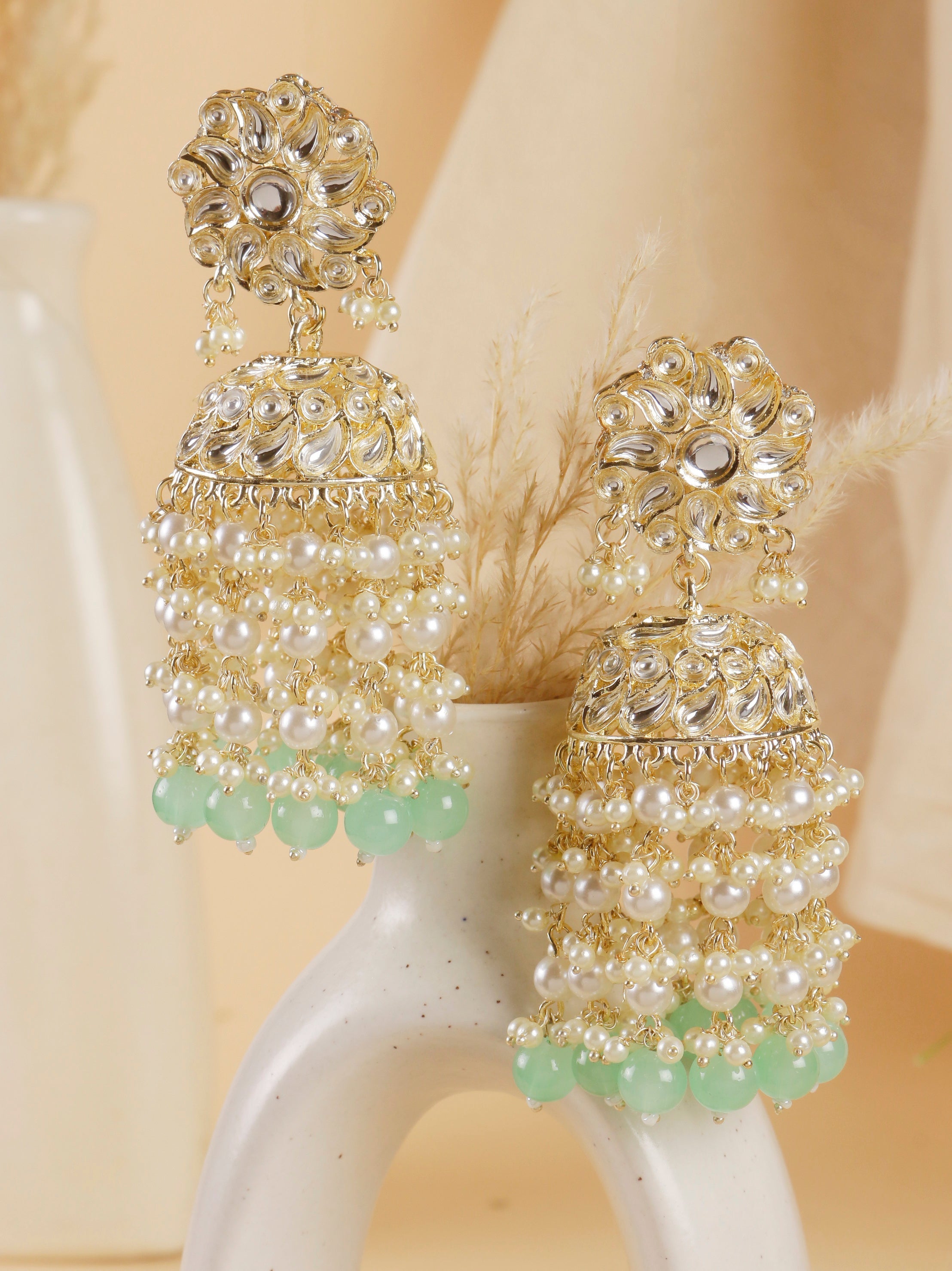 Swisni Alloy Golden Jhumki Earrings with Lime Green