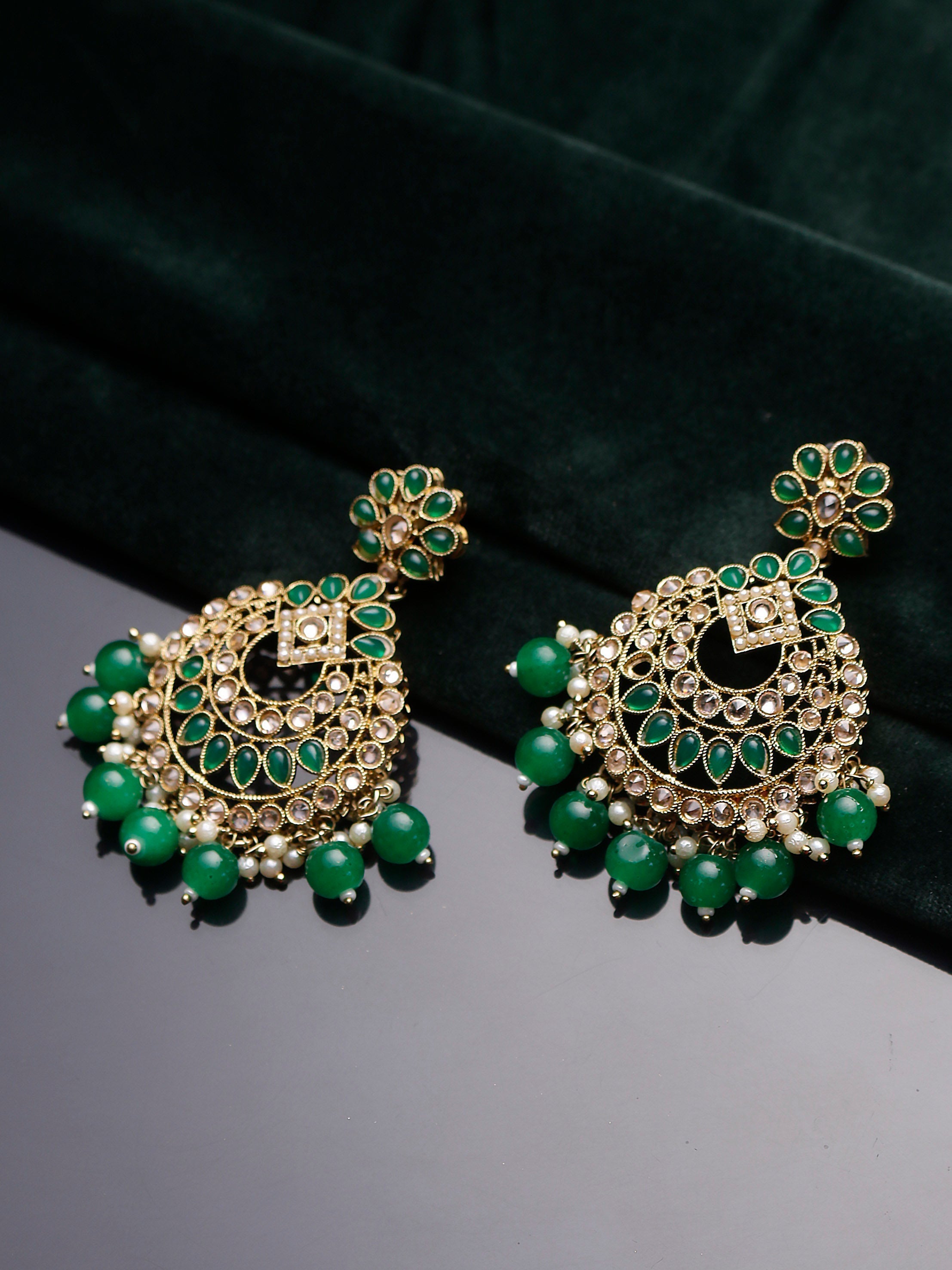 Swisni Alloy Golden Earrings with Green Beads
