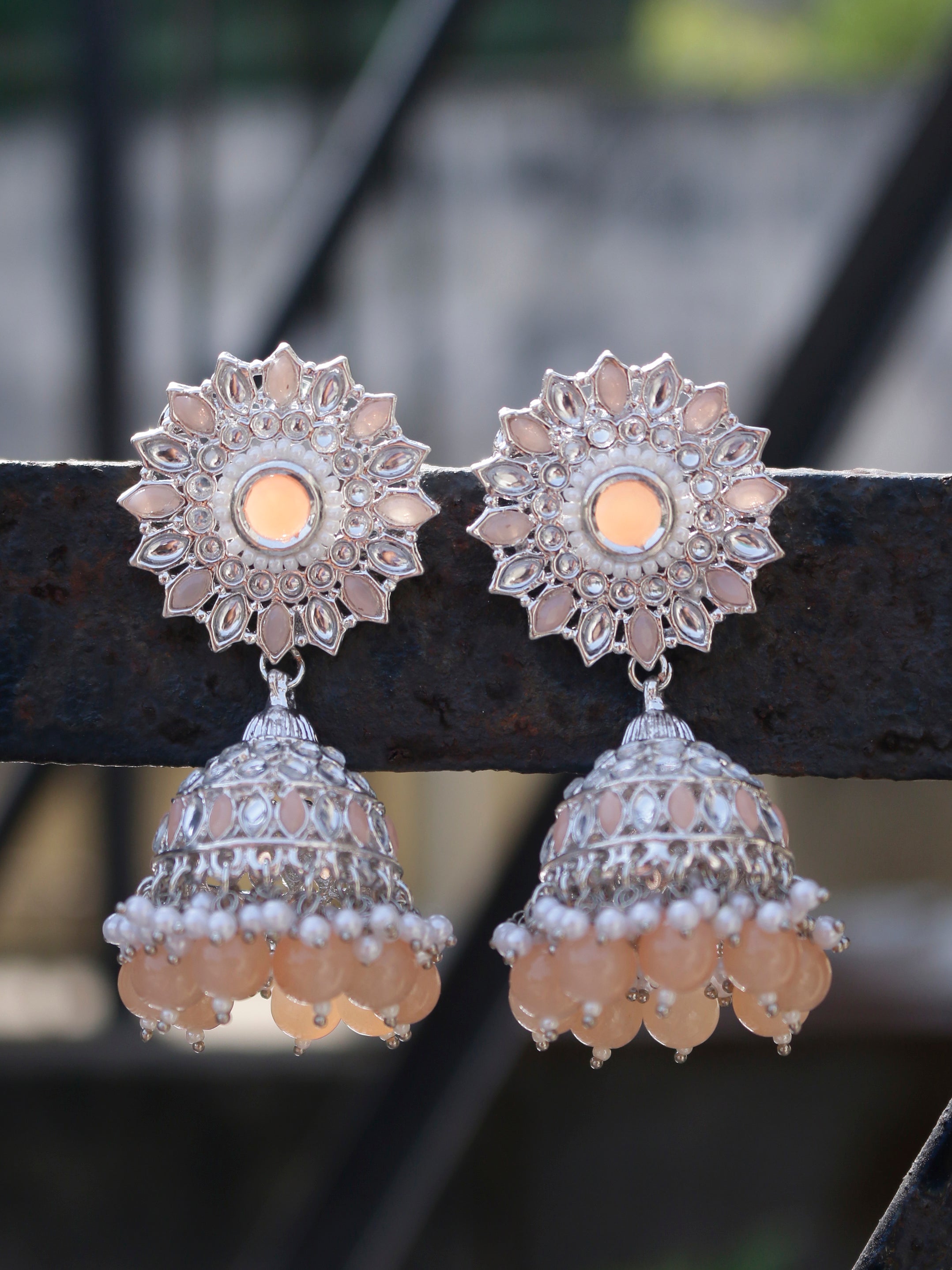 Swisni Alloy Silver Jhumki Earrings with Peach Beads
