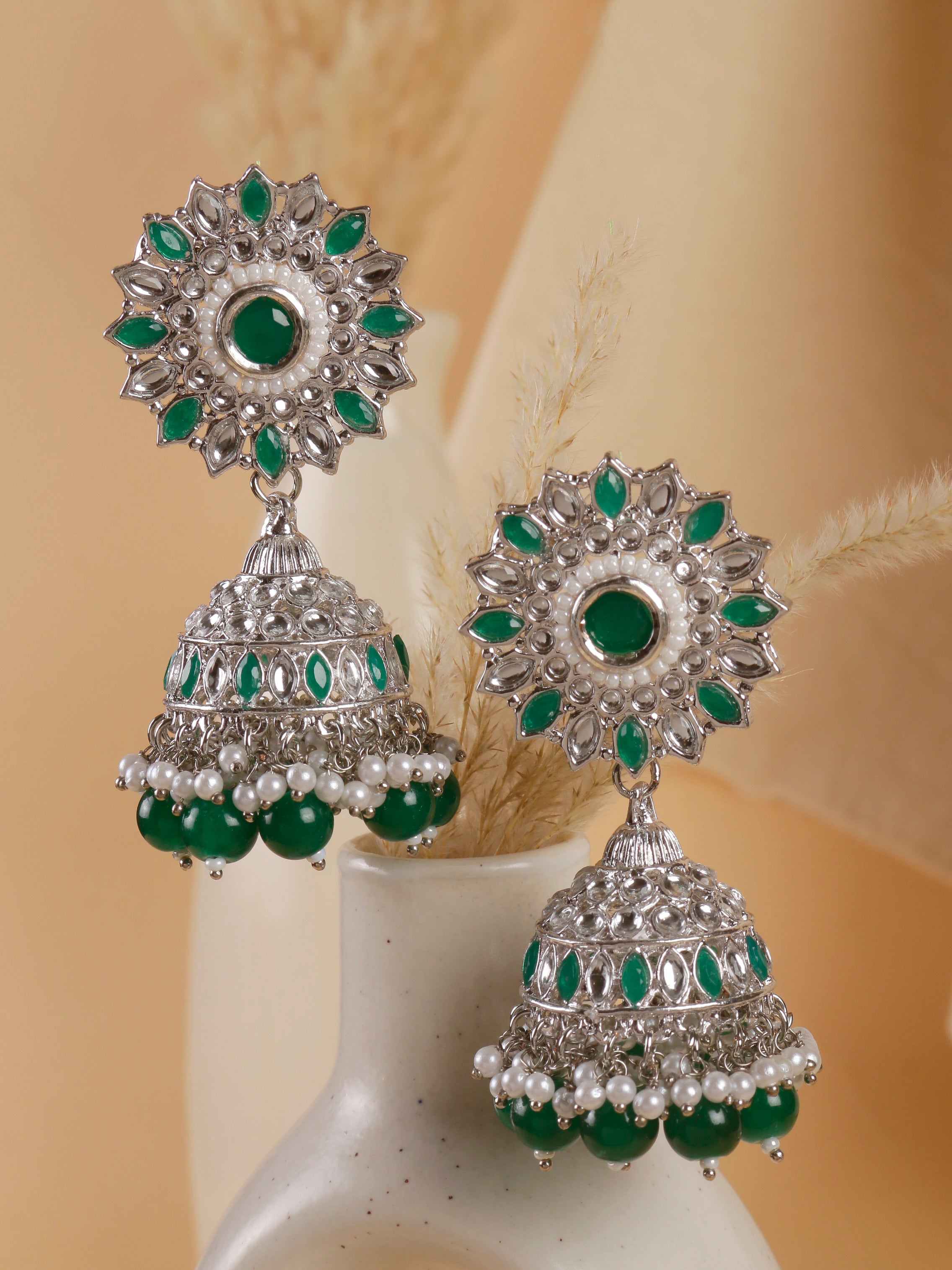 Swisni Alloy Silver Jhumki Earrings with White Beads
