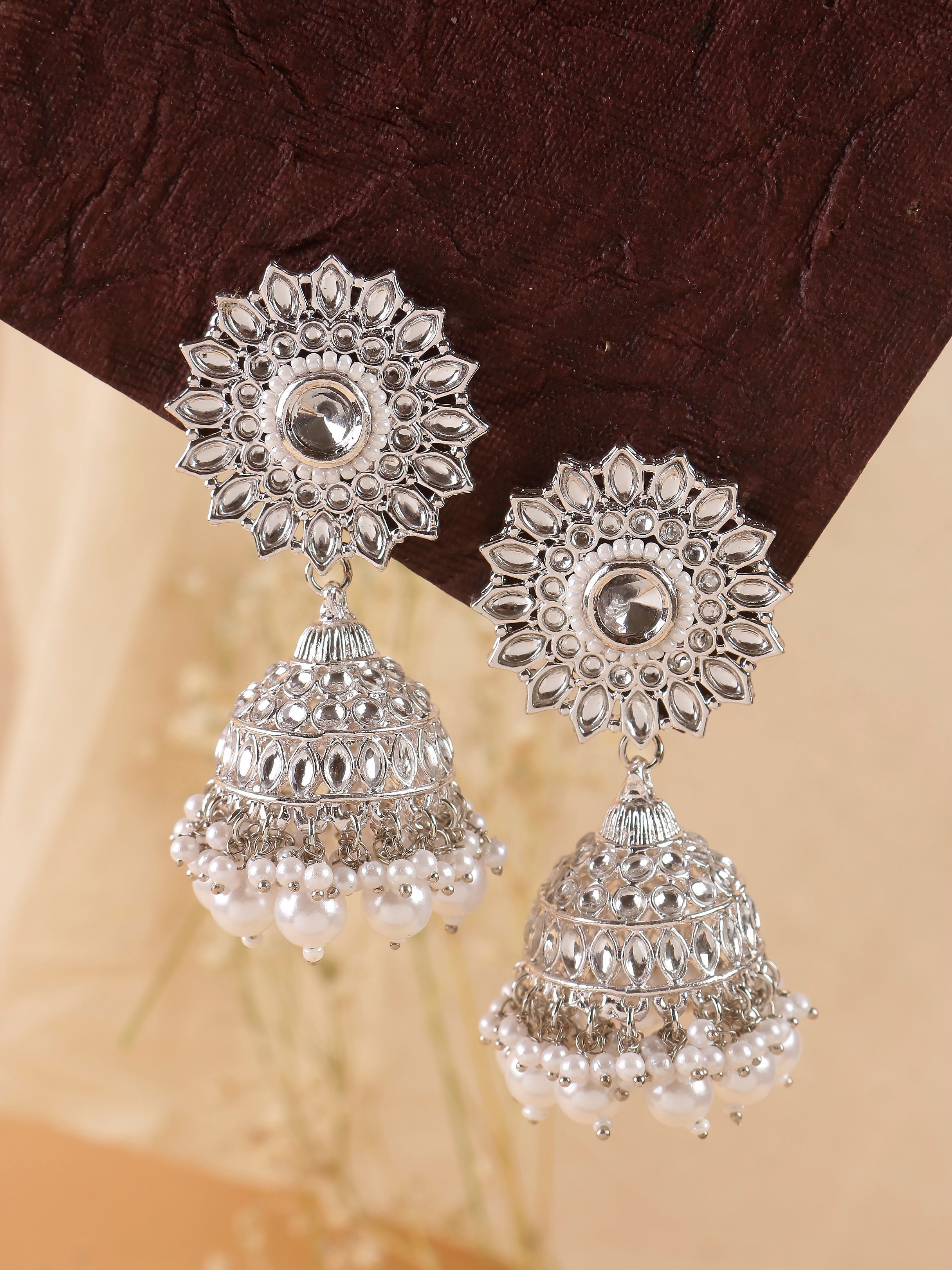 Swisni Alloy Silver Jhumki Earrings with White Beads