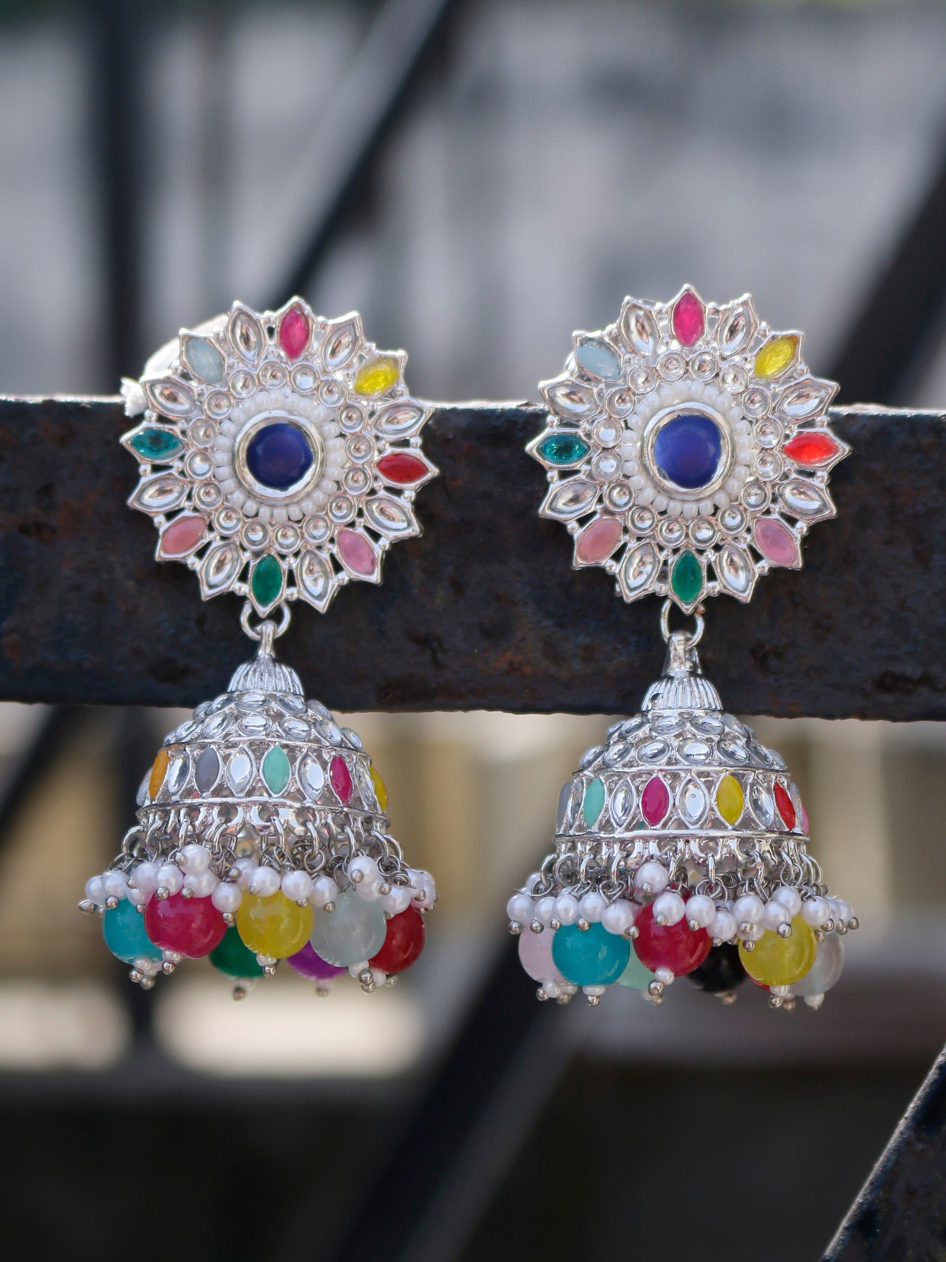 Swisni Alloy Silver Jhumki Earrings with Multi Beads