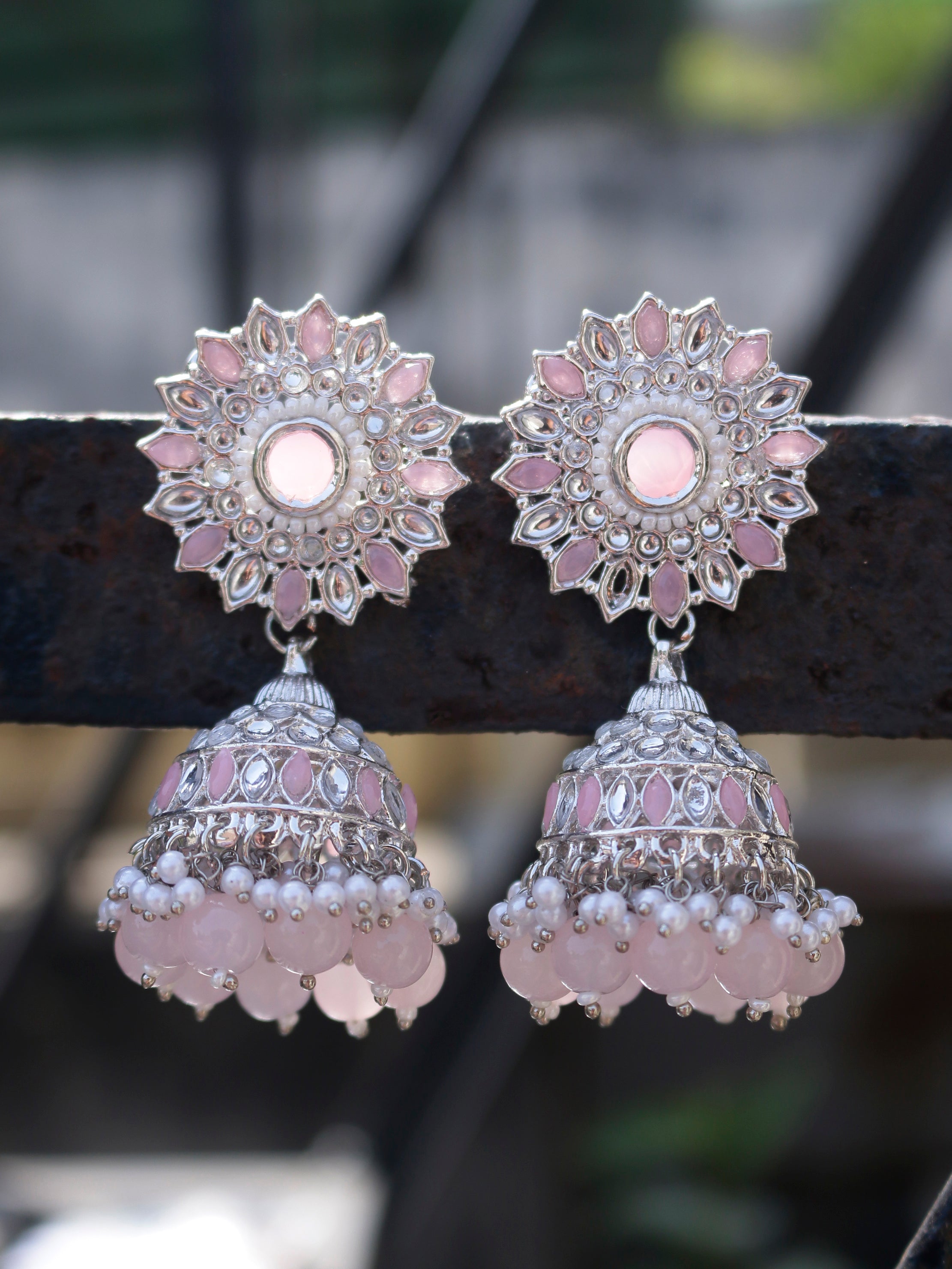Swisni Alloy Silver Jhumki Earrings with Light Pink & White Beads