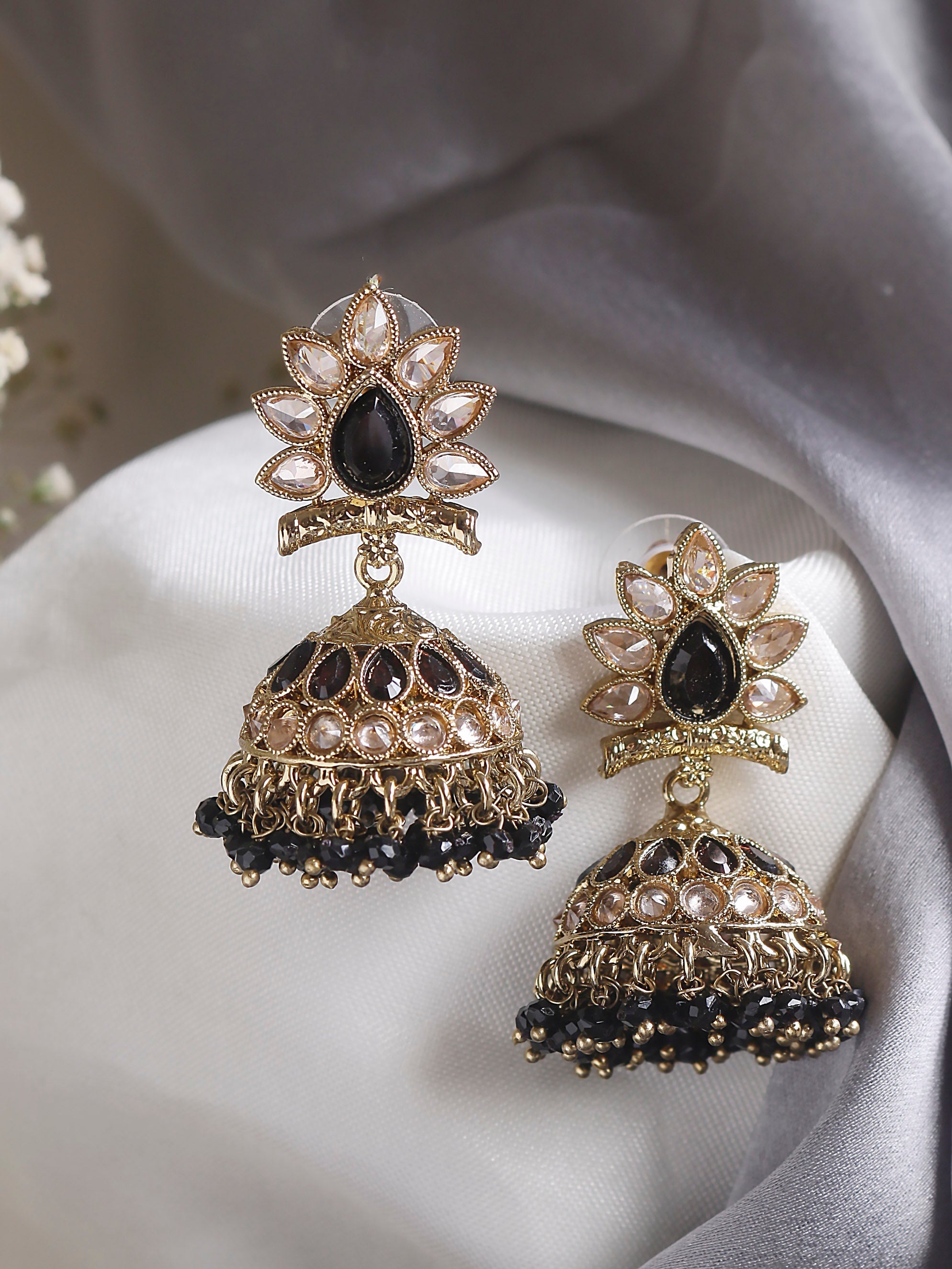 Swisni Alloy Jhumkas Black And Cz Stone With Beads Hangings
