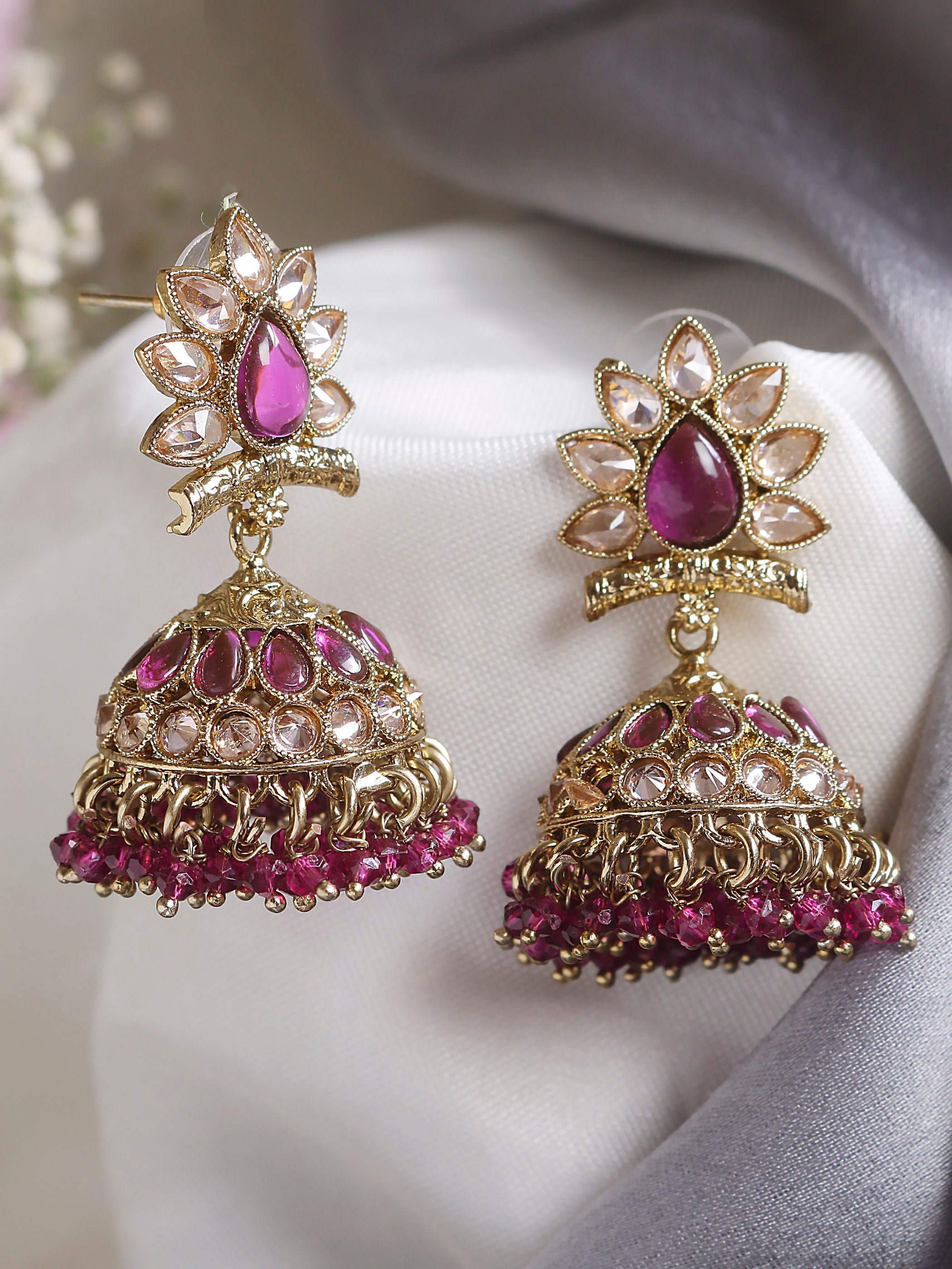 Swisni Alloy Jhumkas Purple And Cz Stone With Beads