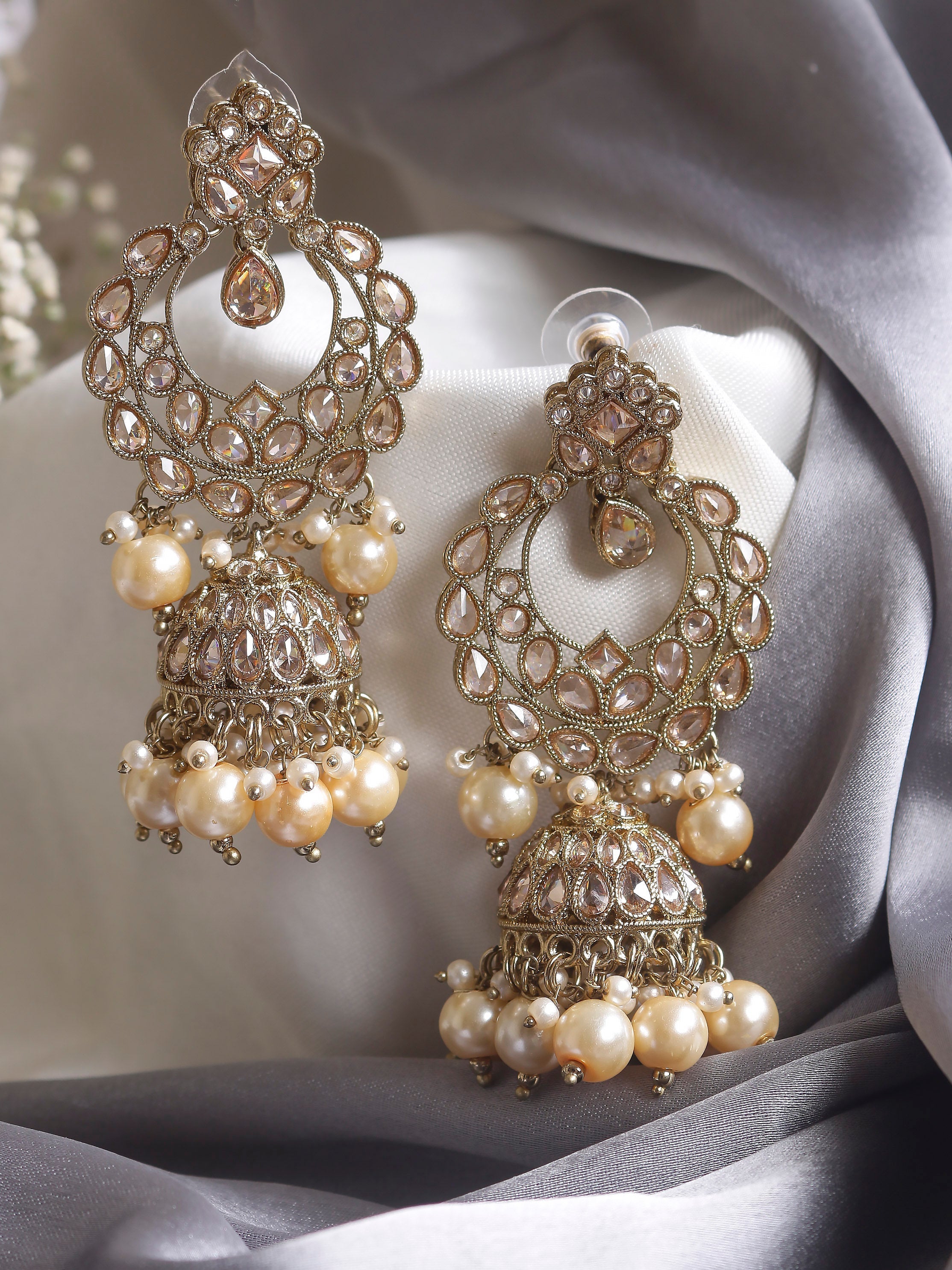 Swisni Alloy Golden Jhumki Earrings with Golden Beads