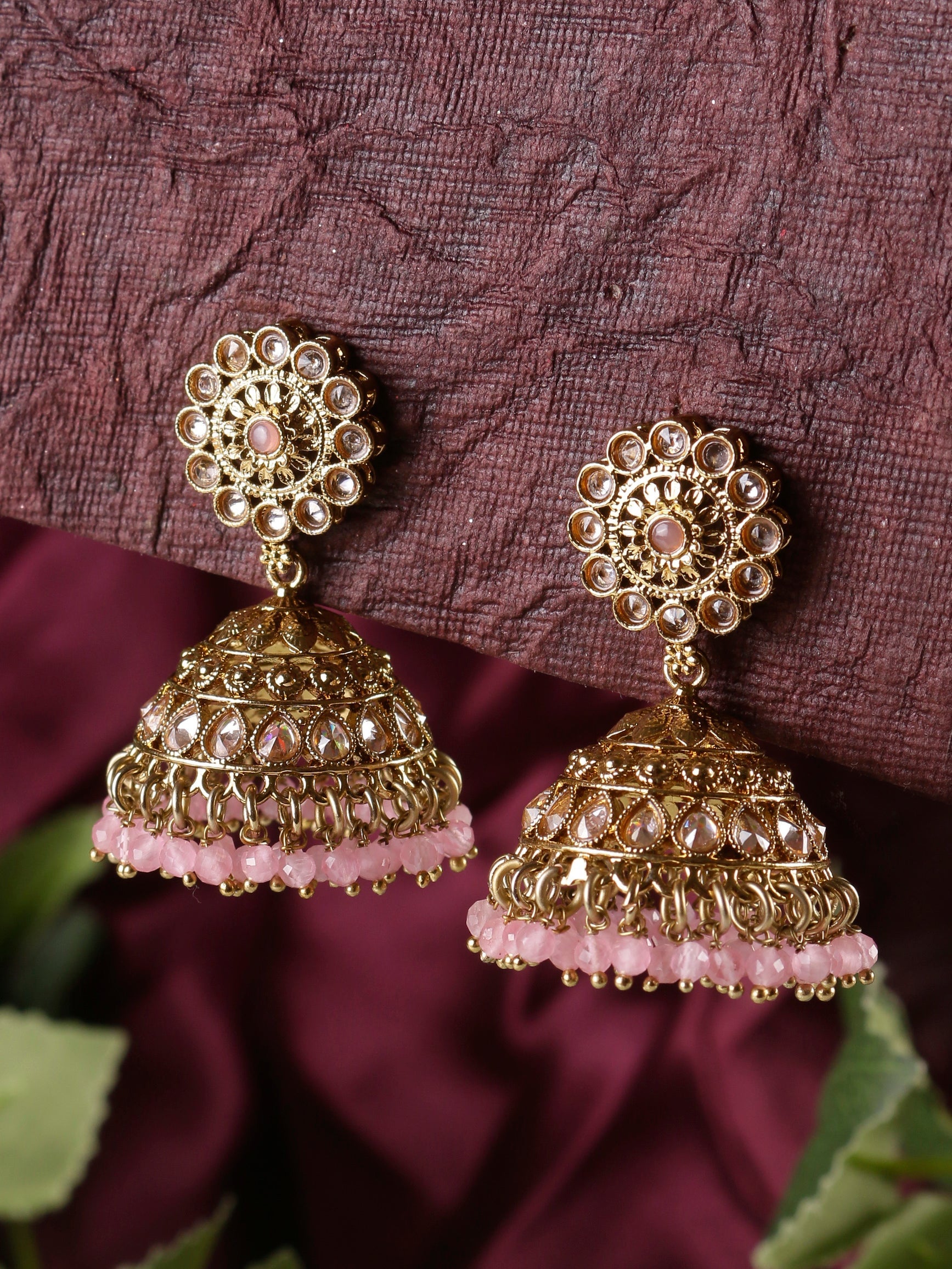 Swisni Alloy Golden Jhumki Earrings with Light Pink Beads