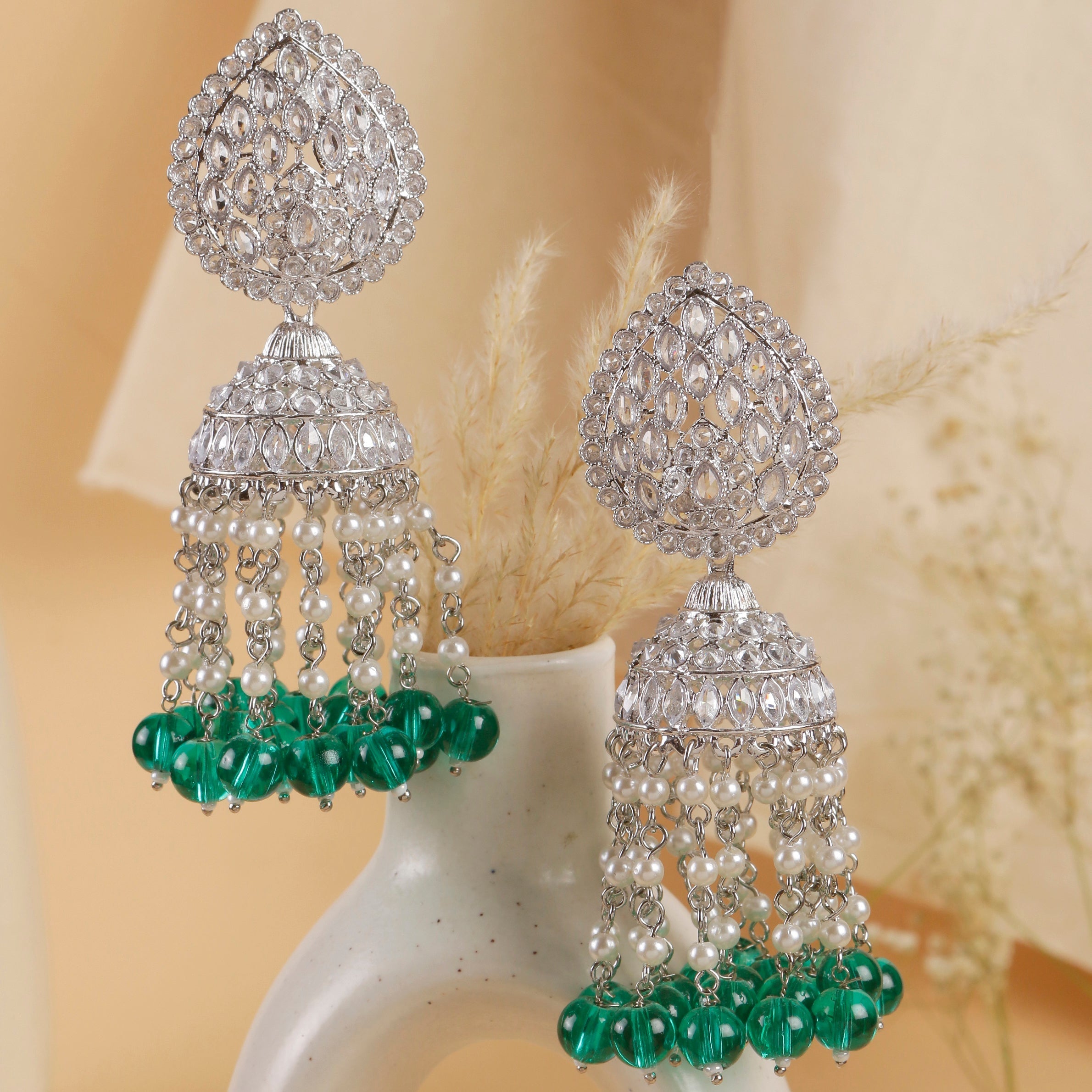 Swisni Alloy Silver Jhumki Earrings with Green Beads