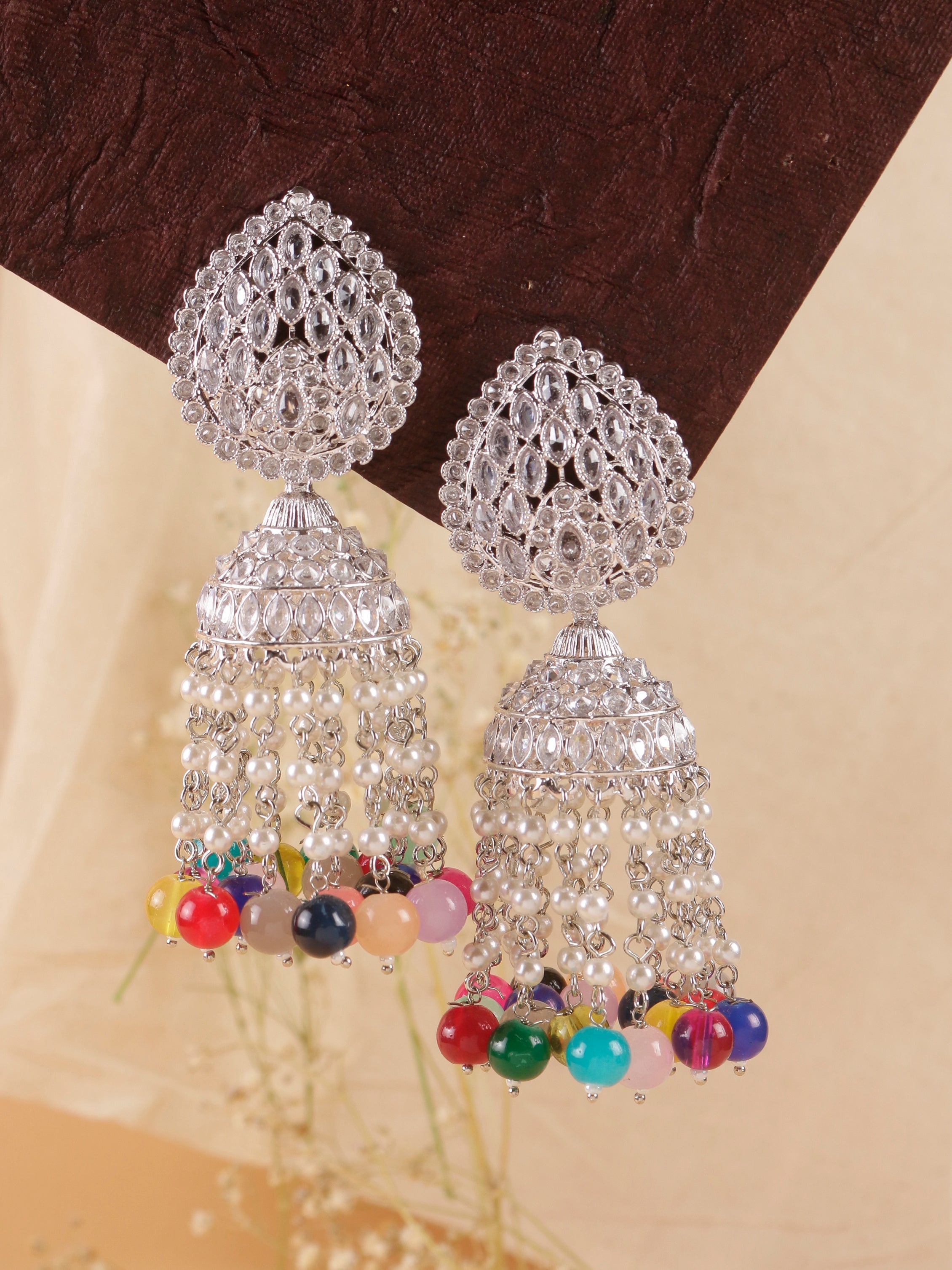 Swisni Alloy Silver Jhumki Earrings with Multi Beads