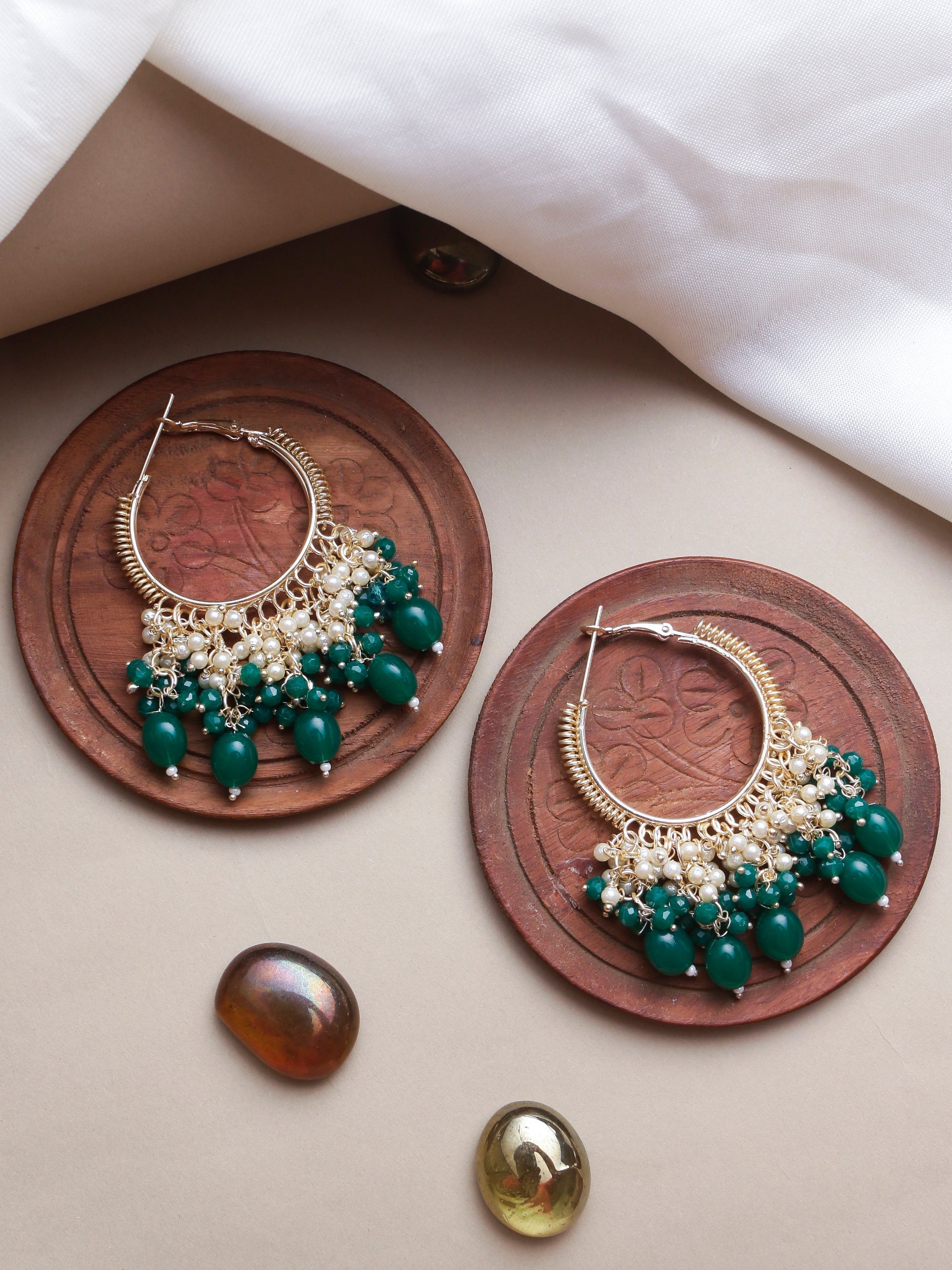 Swisni Alloy Golden Earrings with Green N White Beads