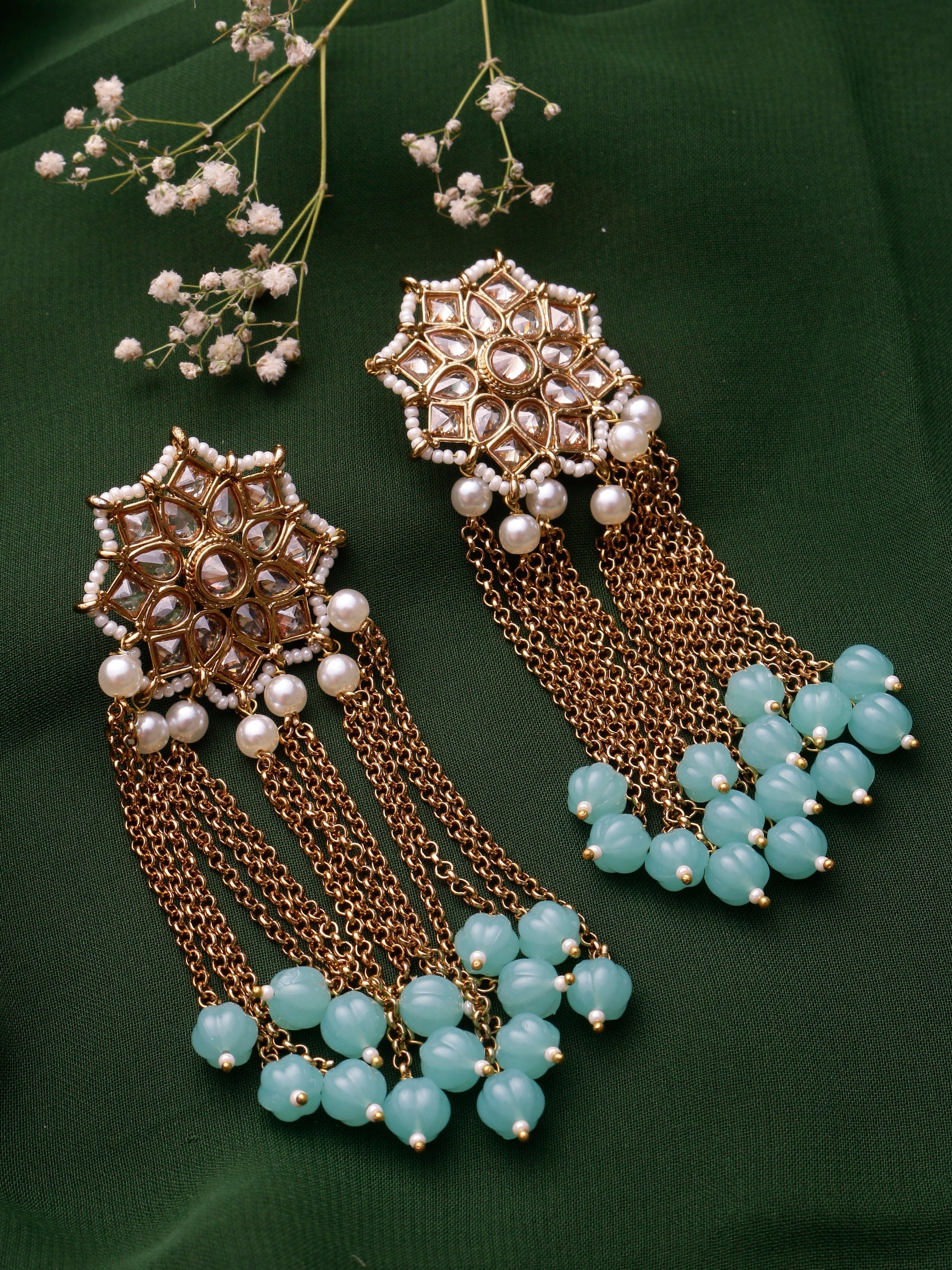 Swisni Alloy Golden Earrings with Mint N White Beads